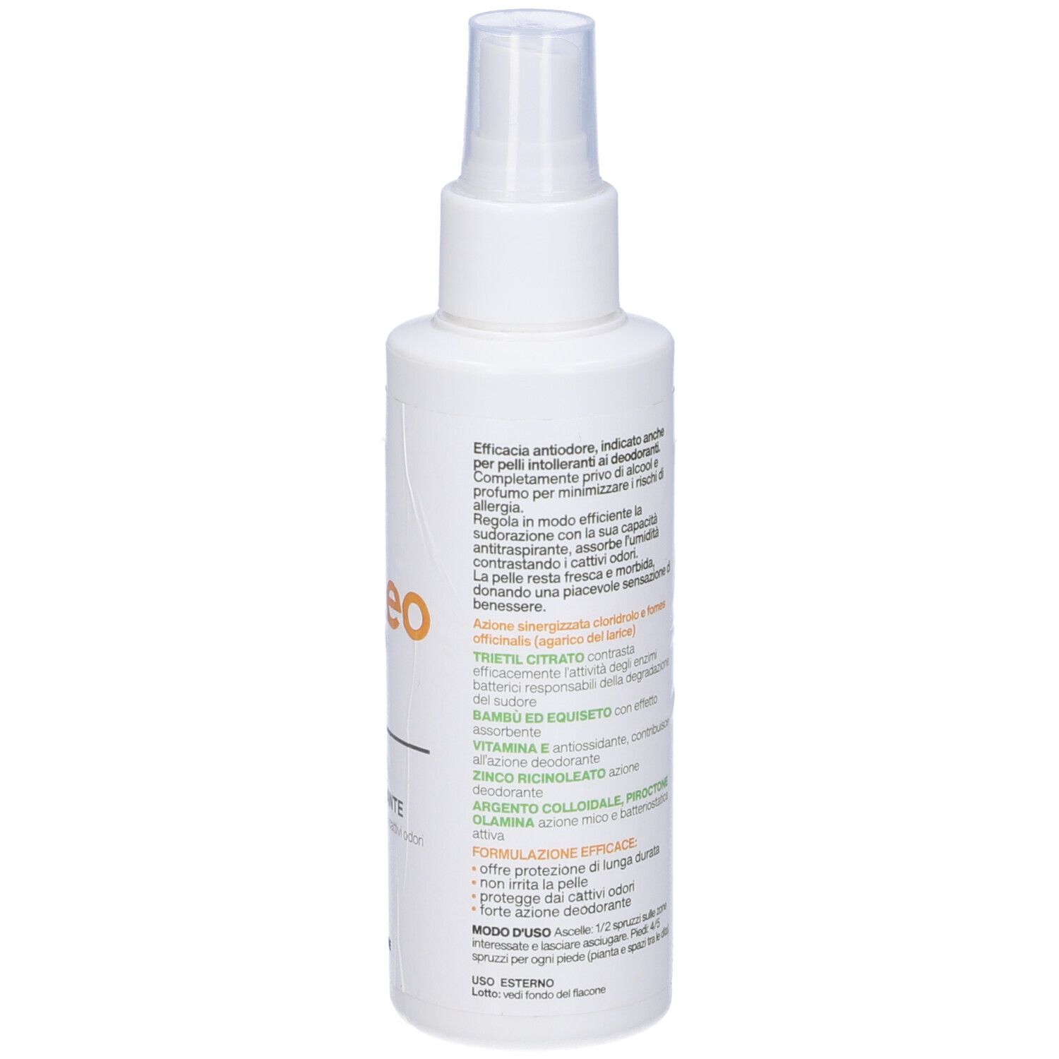 Flacone spray bianco con testo. Contiene informazioni sull'uso e ingredienti. Hi-Deo Spray.