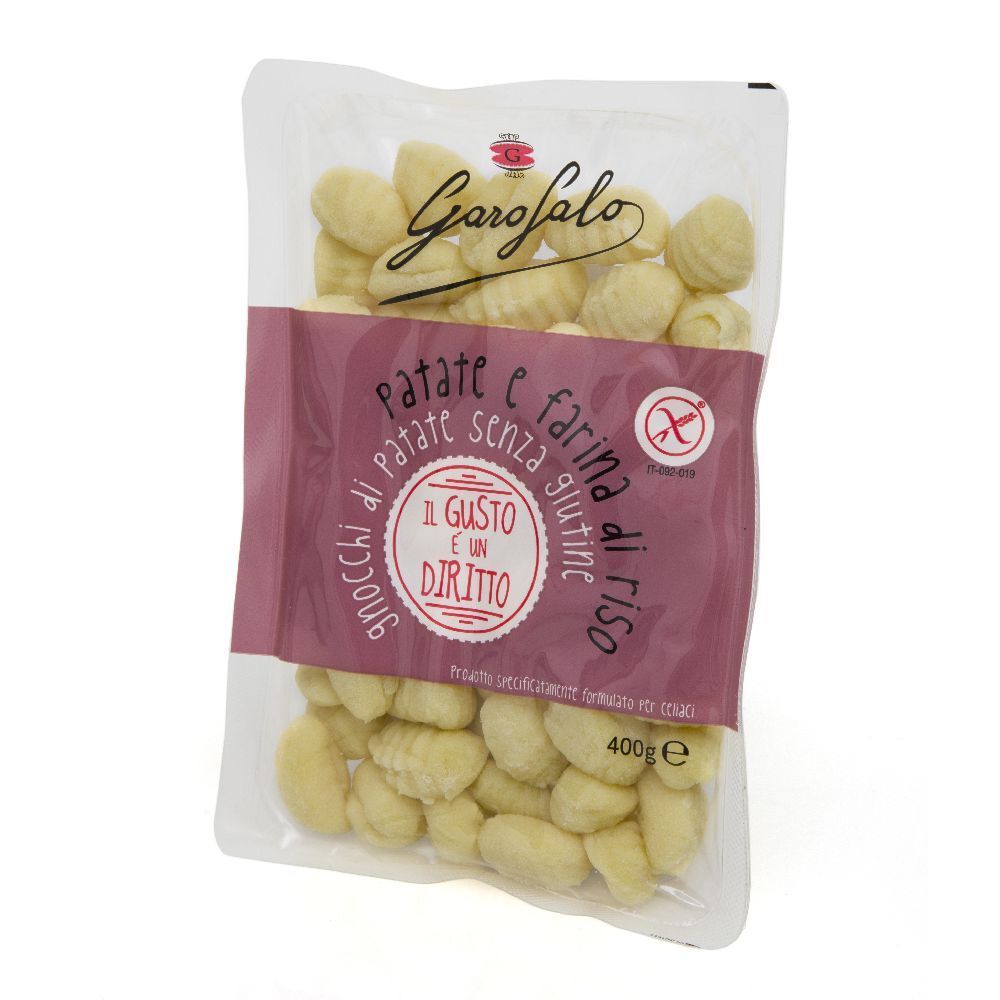 Confezione trasparente di gnocchi. Scritte: Garofalo, Patate e Farina di Riso, senza glutine. Simbolo senza glutine. 400g.