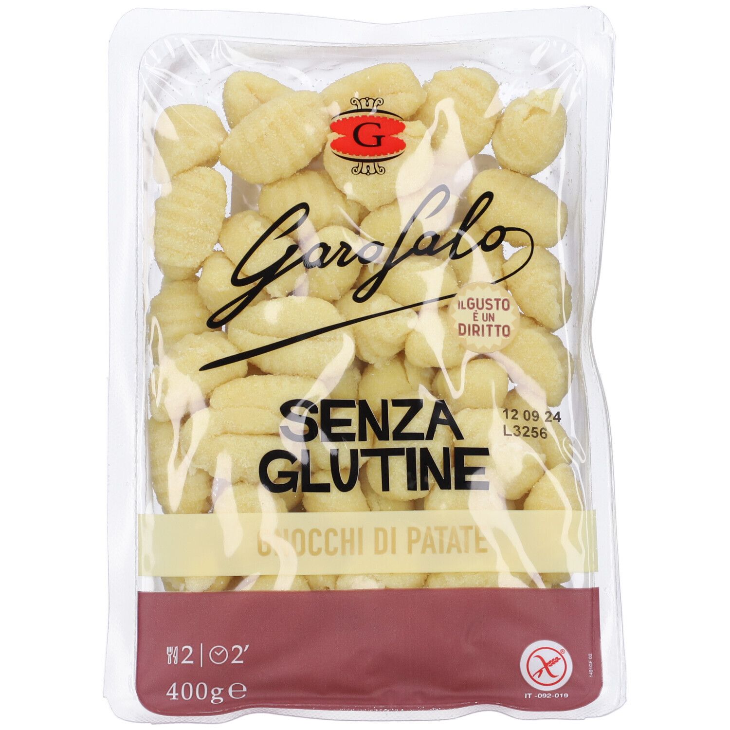 Confezione trasparente di gnocchi. Scritte: Garofalo, SENZA GLUTINE, Gnocchi di Patate. Simbolo senza glutine. 400g. Scadenza.