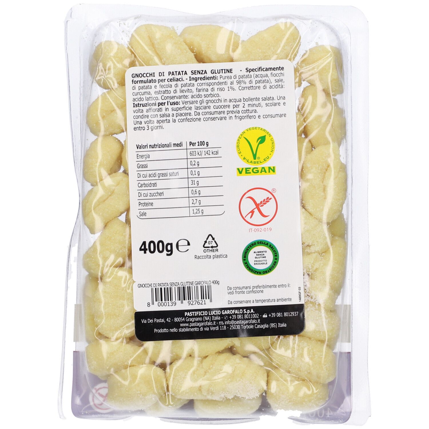 Confezione trasparente di gnocchi. Scritte: Gnocchi di Patata Senza Glutine. Sigillo vegano, simbolo senza glutine. 400g.