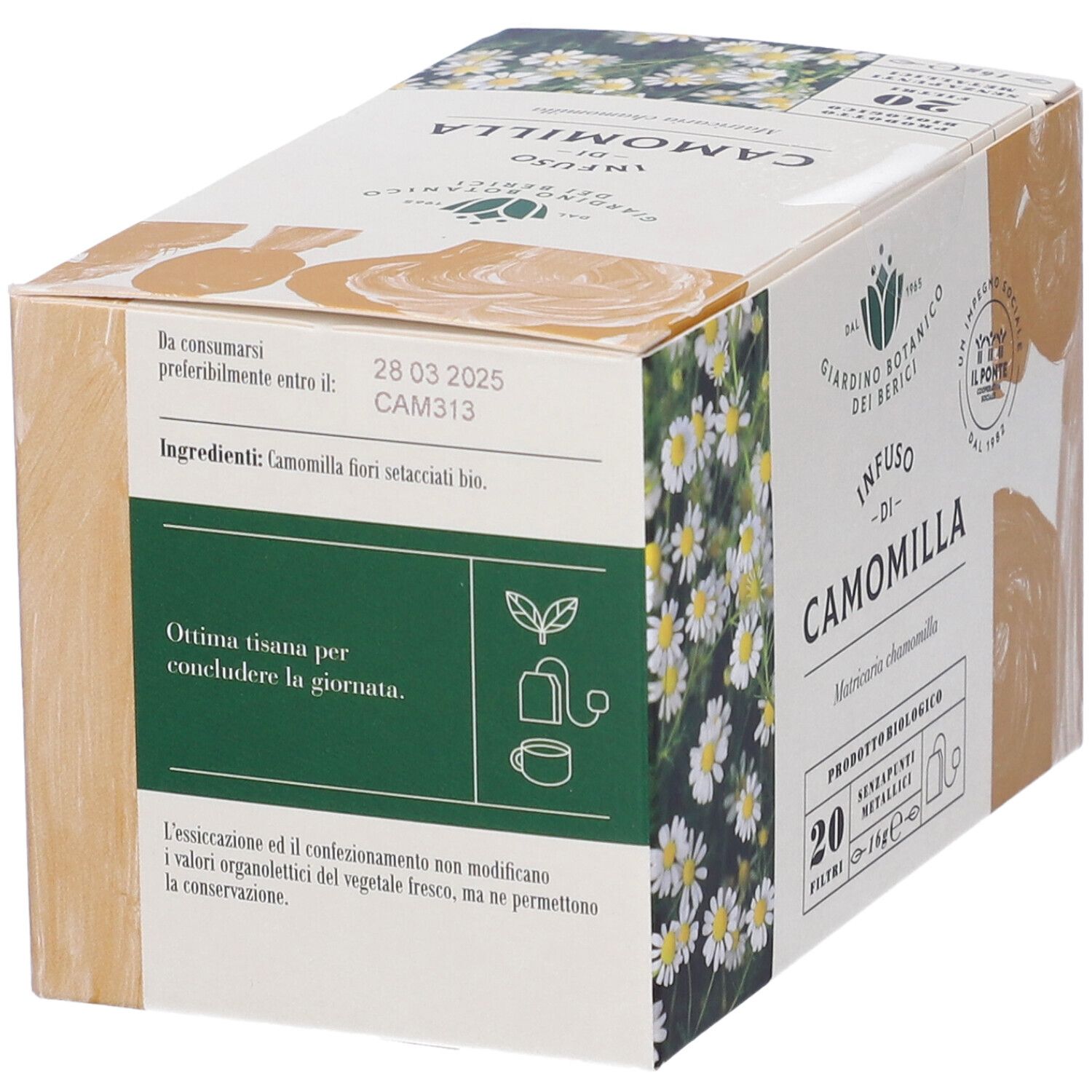 Scatola "Infuso di Camomilla" con 20 filtri. Prodotto biologico. Fiori di camomilla. Data di scadenza.