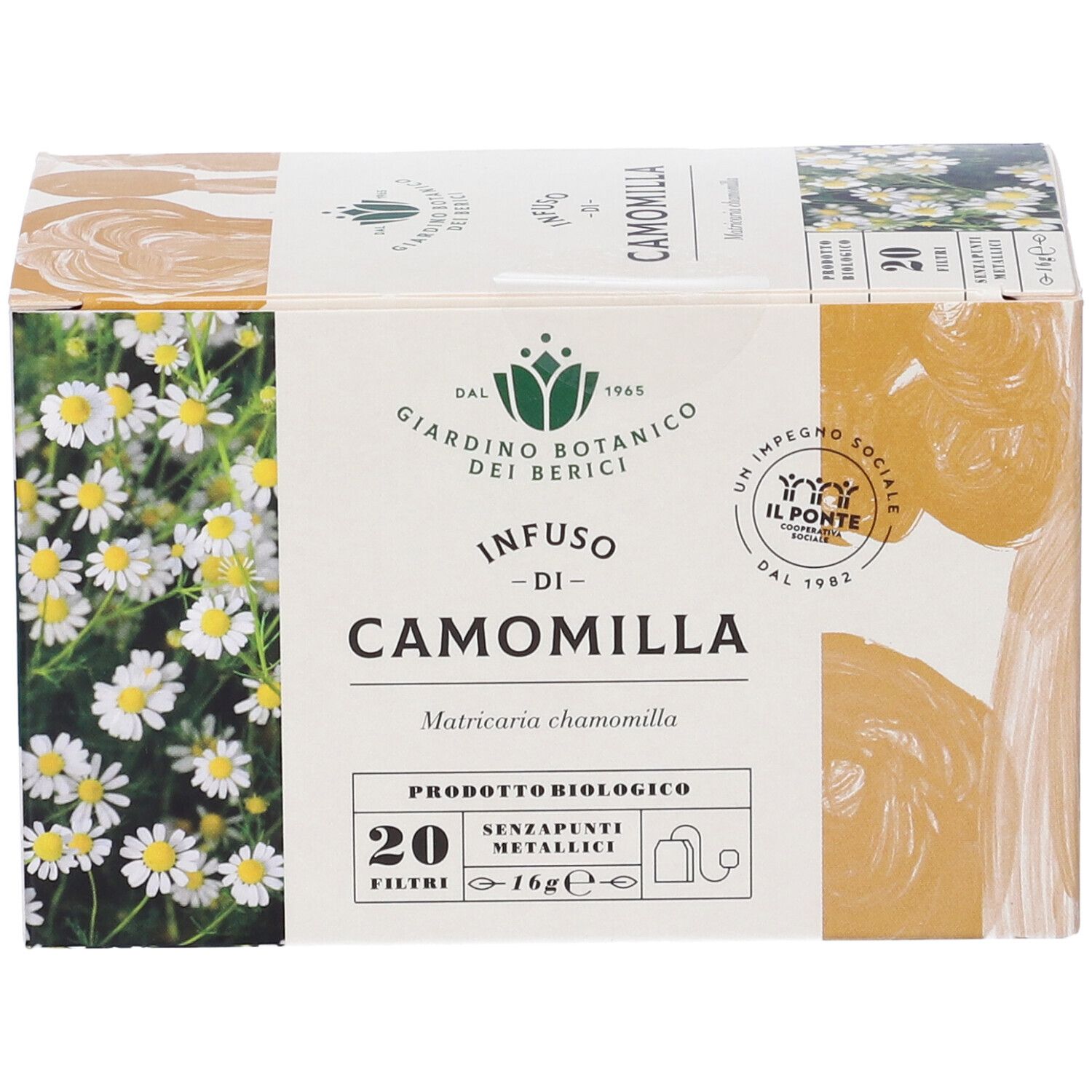 Scatola "Infuso di Camomilla" con 20 filtri. Prodotto biologico. Fiori di camomilla. Logo.