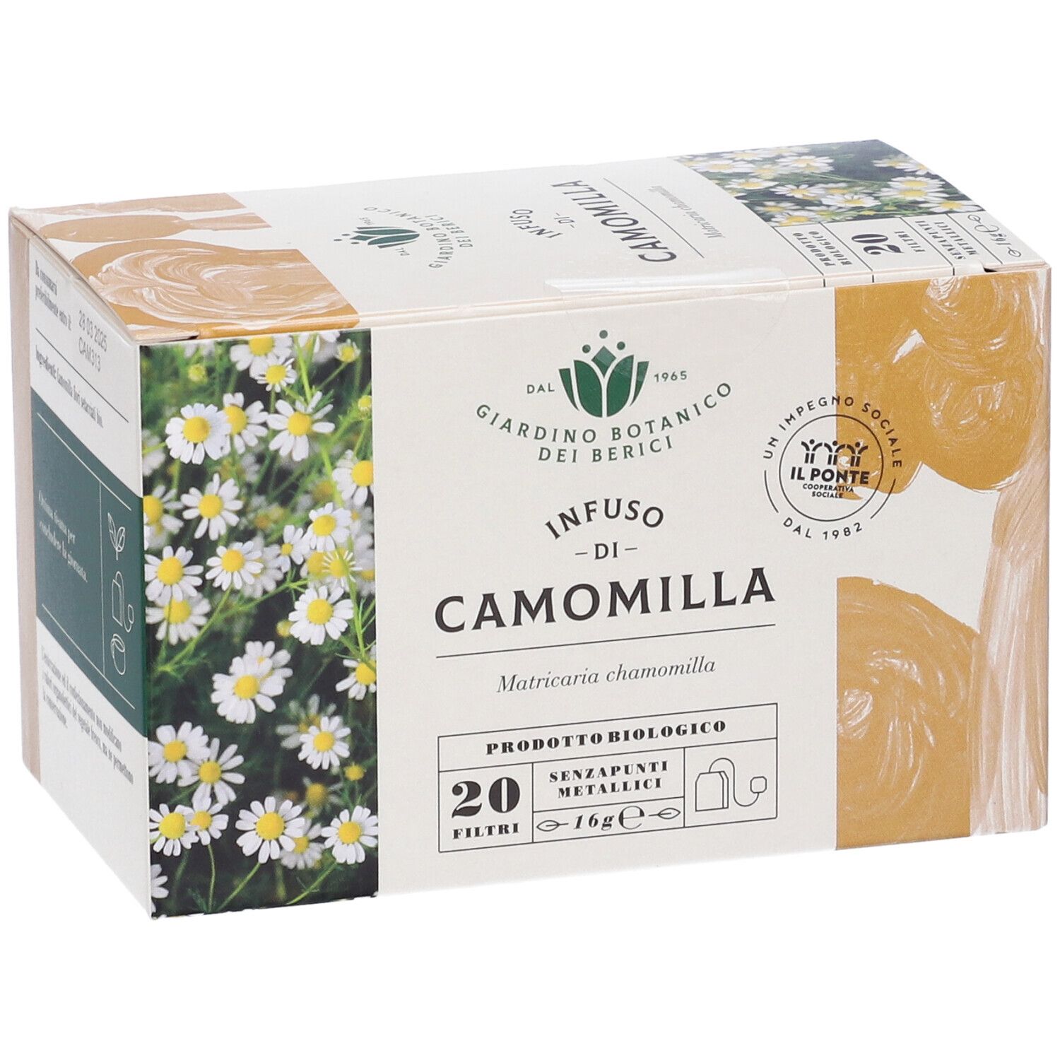 Scatola "Infuso di Camomilla" con 20 filtri. Prodotto biologico. Fiori di camomilla. Logo.