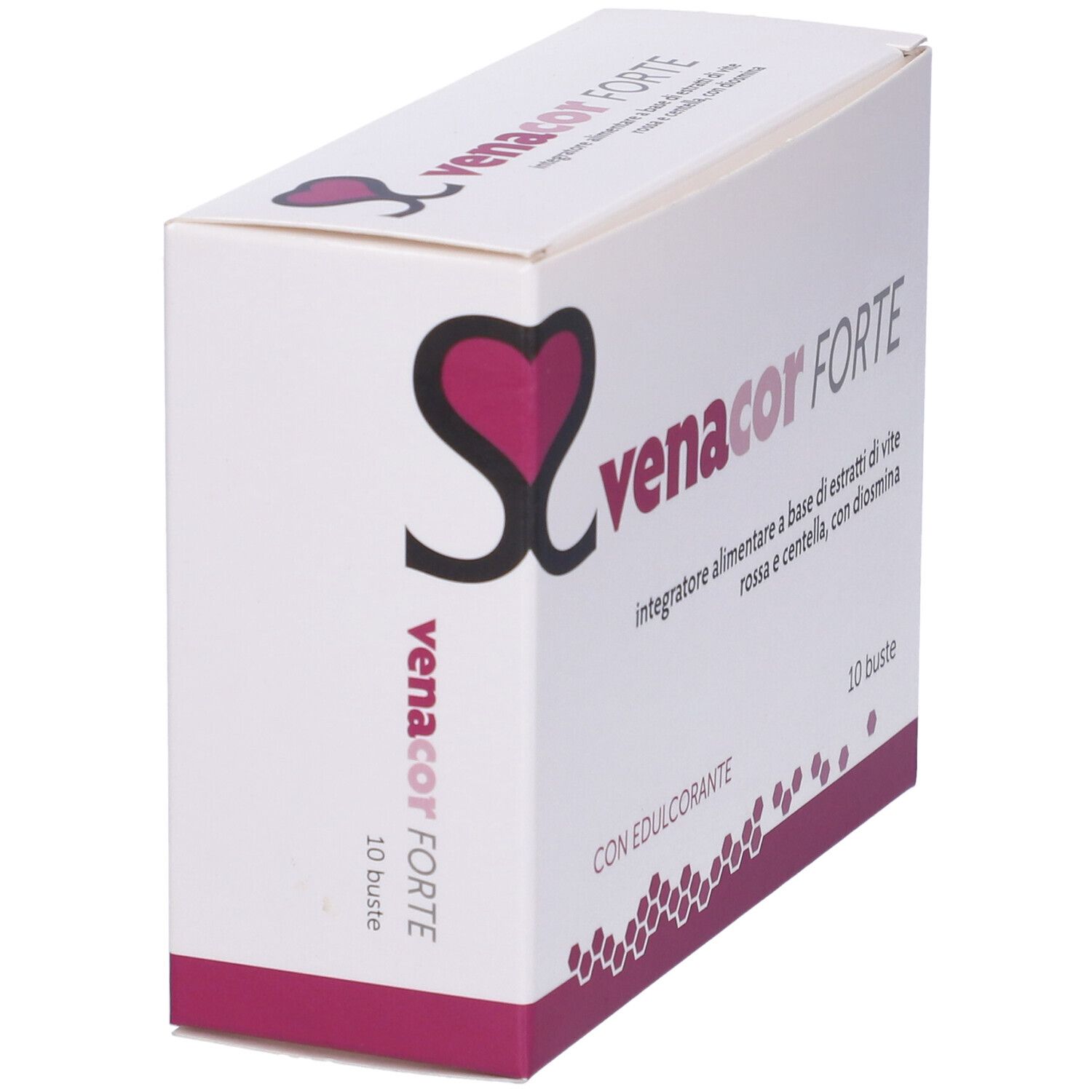 Scatola bianca inclinata "Venacor Forte". 10 bustine. Accenti viola. Scritte in italiano.
