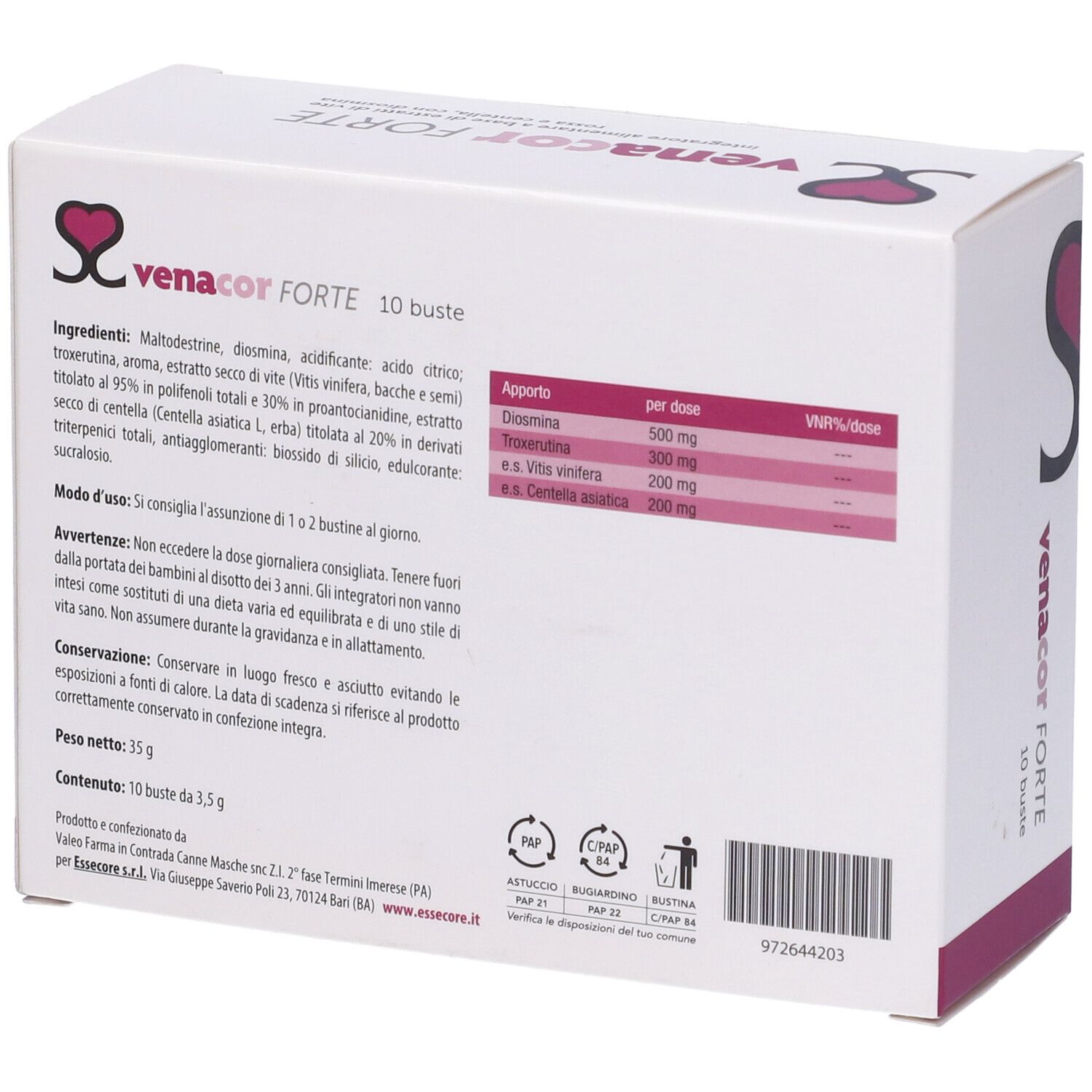 Retro scatola "Venacor Forte". Ingredienti, tabella dosaggio, avvertenze, codice a barre.
