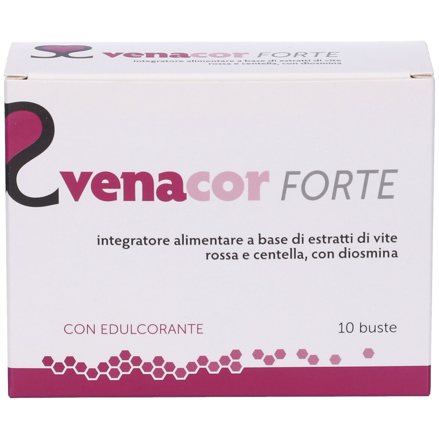 Scatola bianca "Venacor Forte". 10 bustine. Accenti viola. Scritte in italiano.