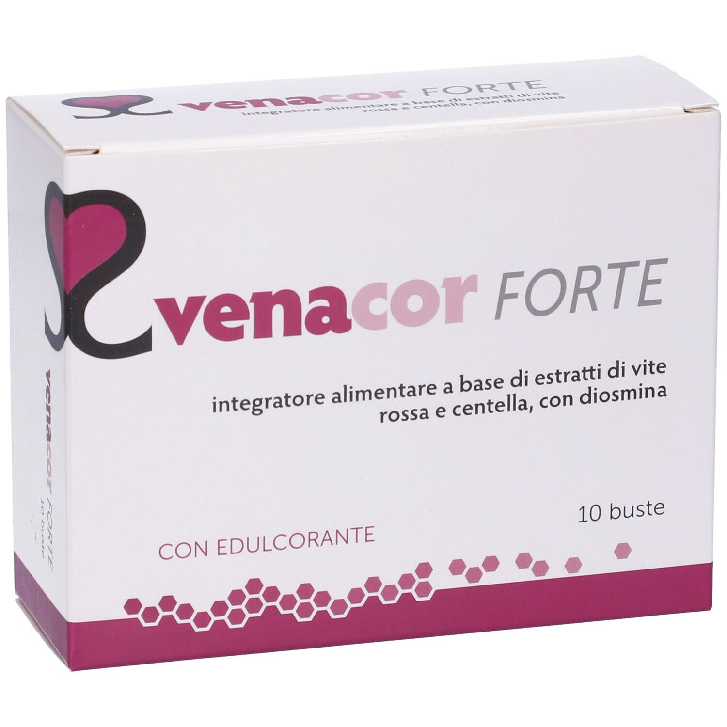 Scatola bianca "Venacor Forte". 10 bustine. Accenti viola. Scritte in italiano.