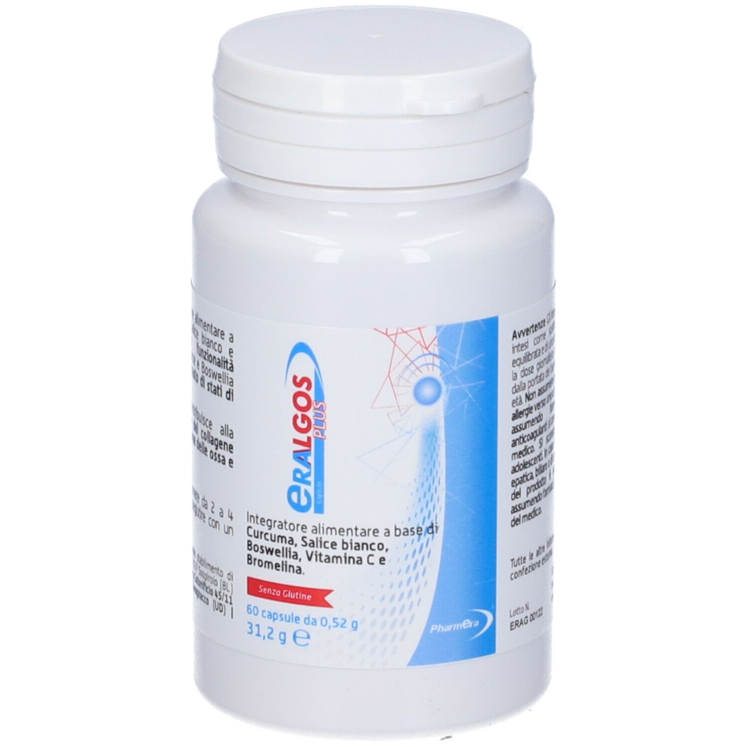 Flacone bianco con capsule. Tappo a vite. Etichetta con nome del prodotto e ingredienti.