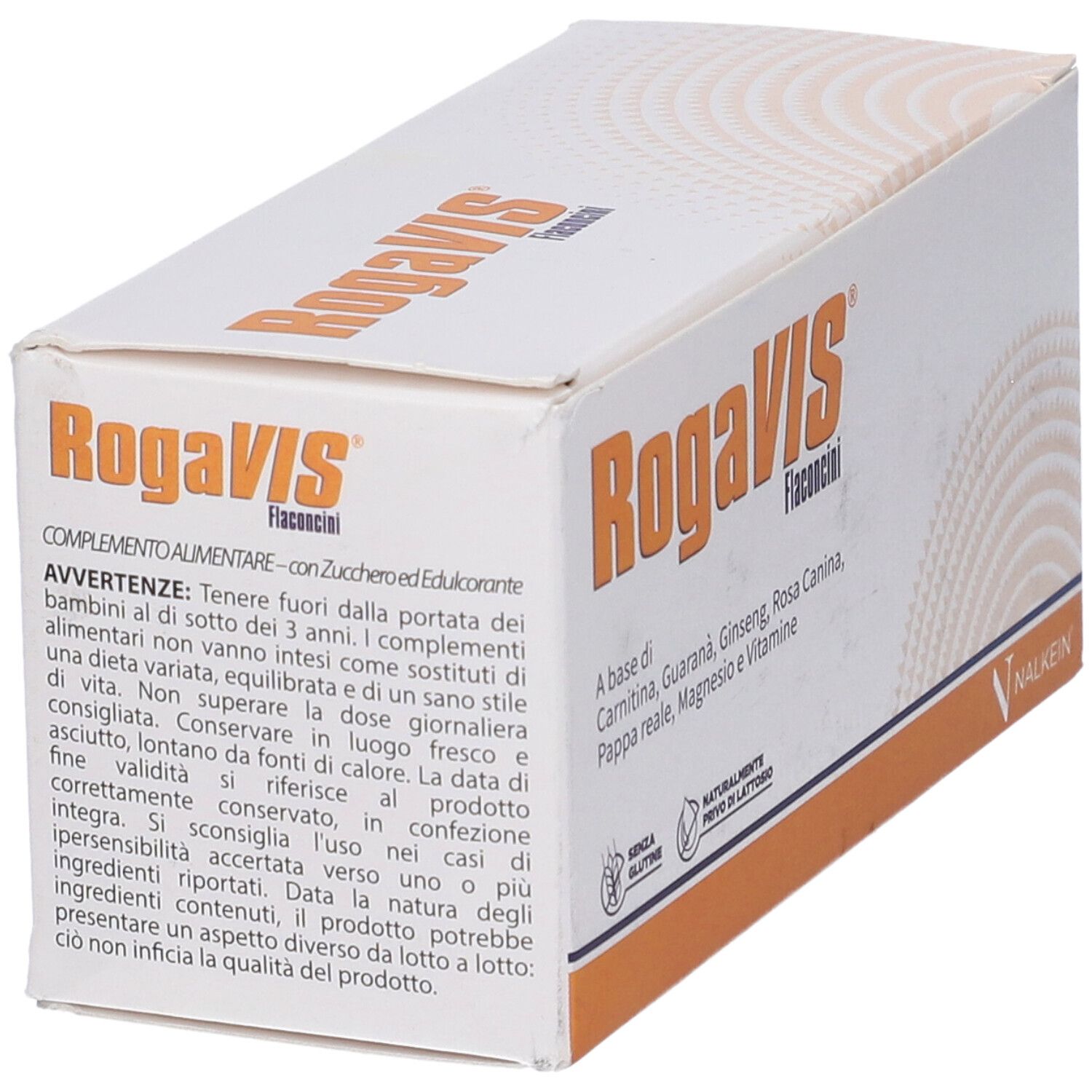 Scatola Rogavis Flaconcini, bianca con fascia arancione. Testo: ingredienti, avvertenze, informazioni produttore.
