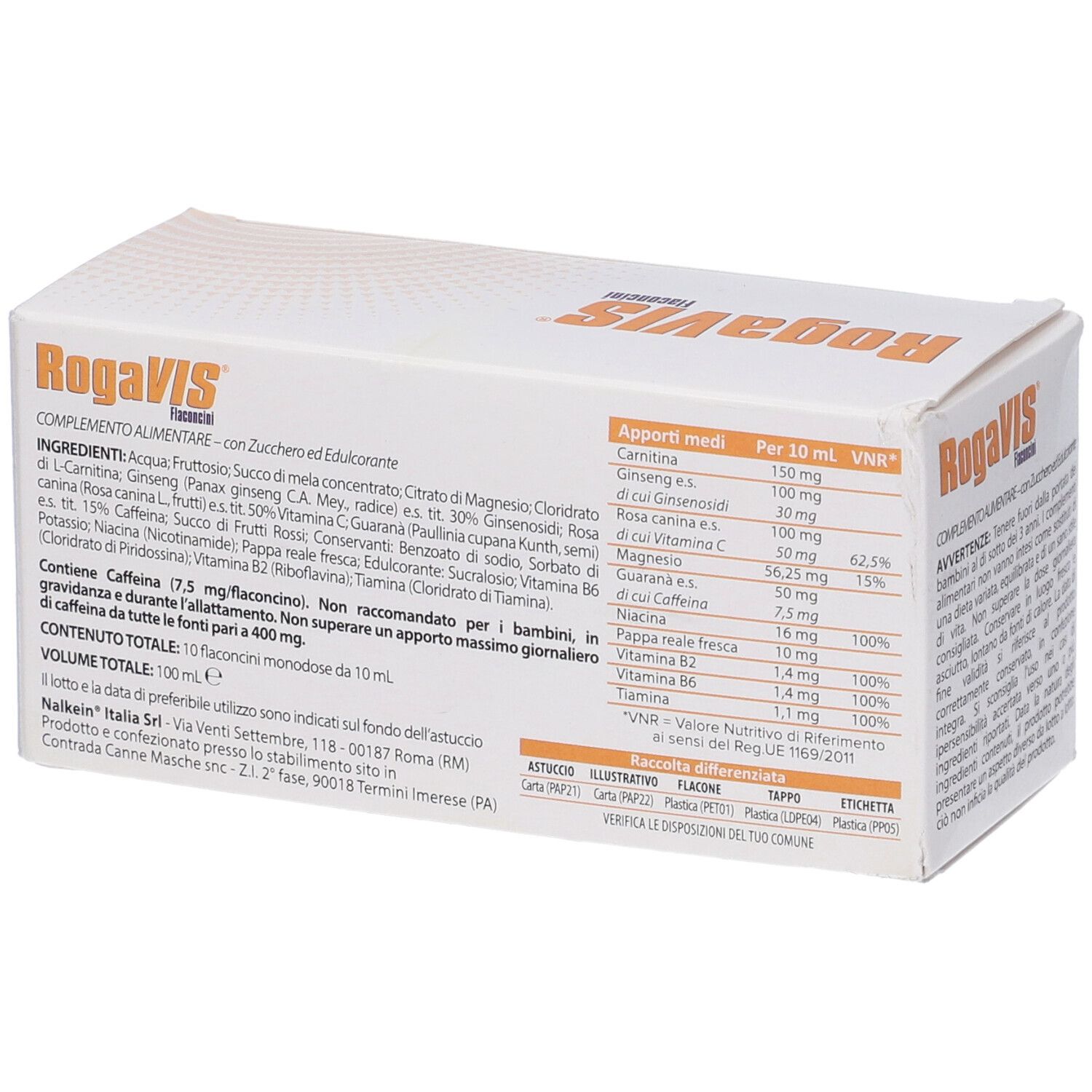 Scatola Rogavis Flaconcini, bianca con fascia arancione. Contiene informazioni nutrizionali e ingredienti.