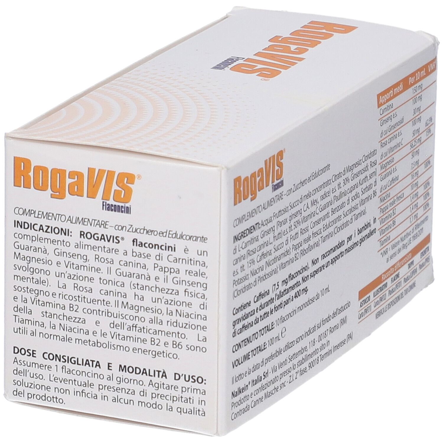 Scatola Rogavis Flaconcini, bianca con fascia arancione. Contiene ingredienti e istruzioni per l'uso.