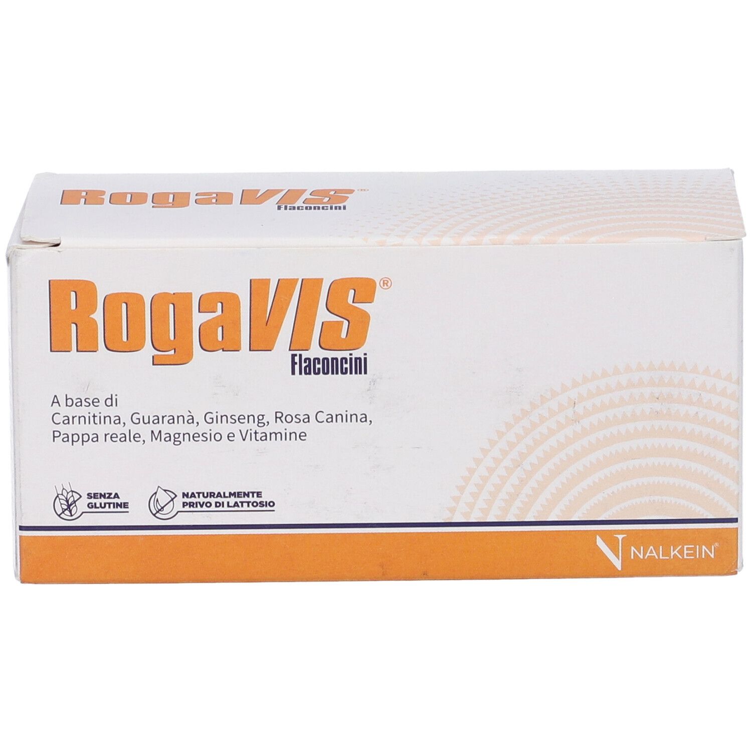 Scatola bianca Rogavis Flaconcini. Contiene carnitina, guaranà, ginseng, rosa canina, pappa reale, magnesio e vitamine.