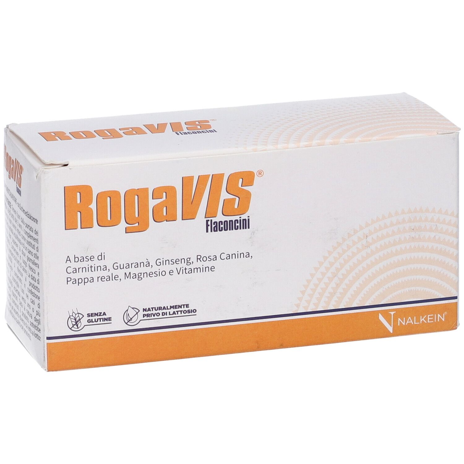 Scatola bianca Rogavis Flaconcini. Contiene carnitina, guaranà, ginseng, rosa canina, pappa reale, magnesio e vitamine.