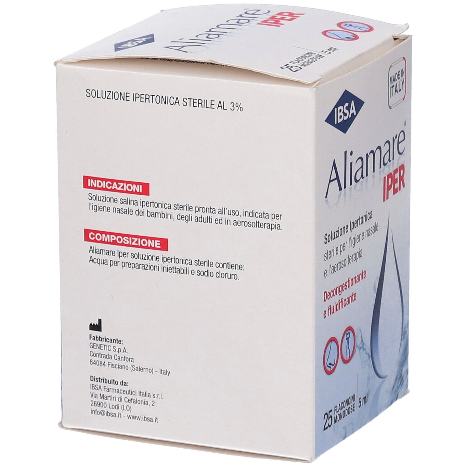 Scatola Aliamare Iper. Testo: Indicazioni, Composizione. Logo IBSA, Made in Italy. 25 flaconcini, 5 ml.
