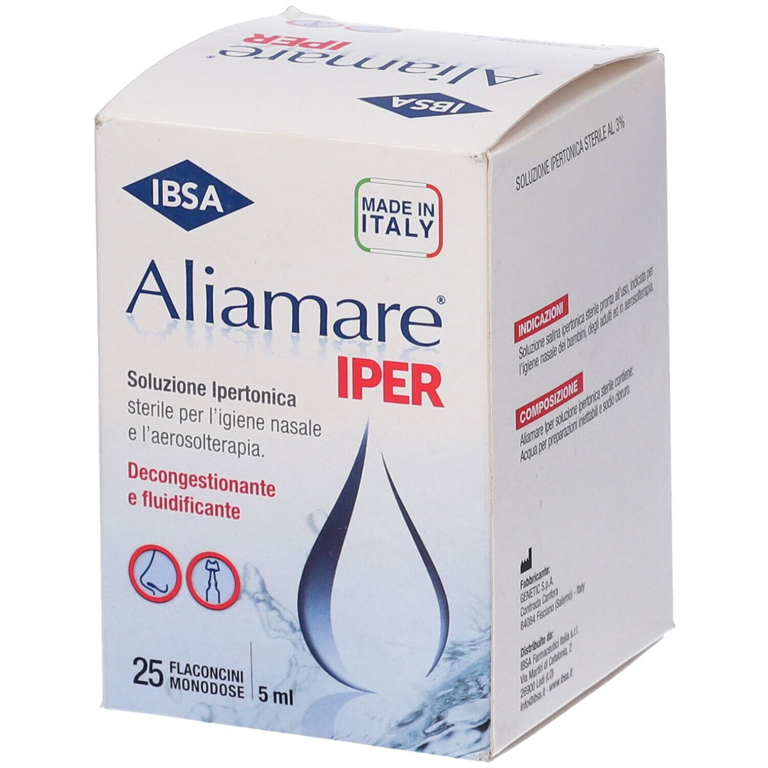 Scatola Aliamare Iper, 25 flaconcini. Logo IBSA, Made in Italy. Logo goccia. Testo: Soluzione per igiene nasale.