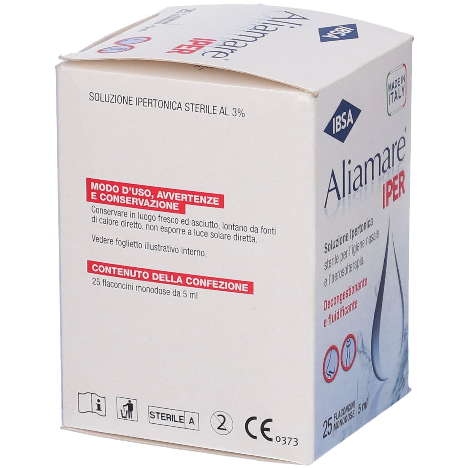 Scatola Aliamare Iper. Testo: Modo d'uso, Avvertenze, Contenuto. 25 flaconcini, 5 ml. Marchio CE.