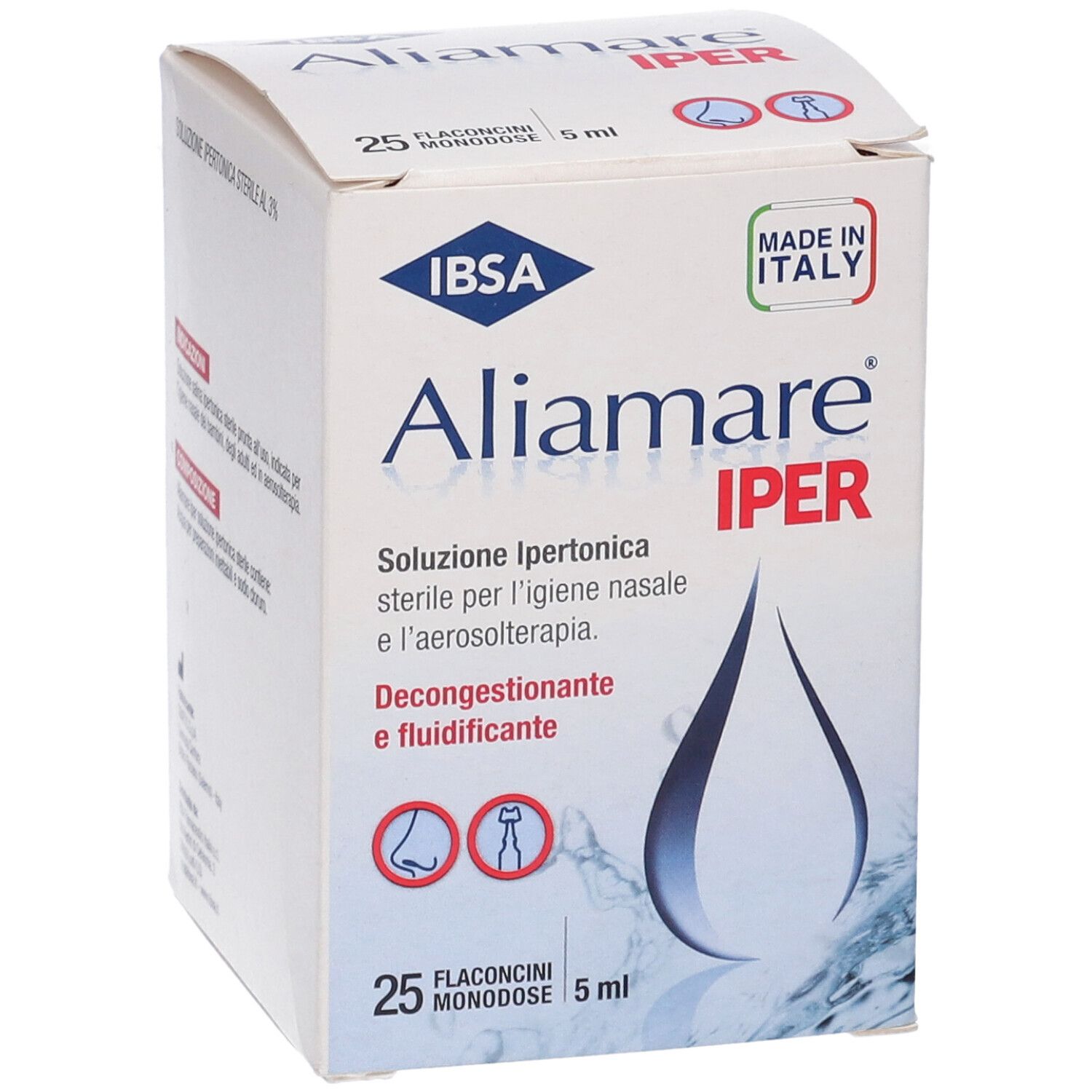 Scatola Aliamare Iper, 25 flaconcini. Logo IBSA. Testo: Soluzione per igiene nasale. Logo goccia. 5 ml.
