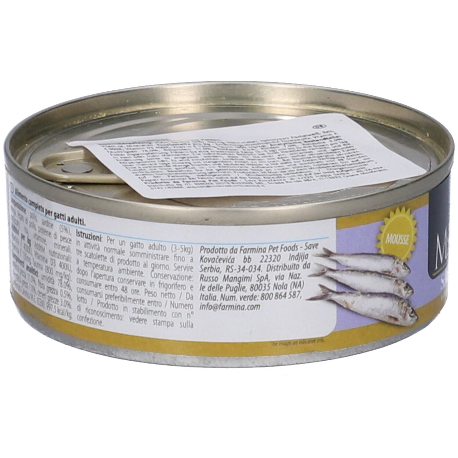 Lattina Farmina Matisse Sardine Mousse, vista laterale. Etichetta con informazioni sul prodotto e illustrazione di sardine. Lattina con coperchio.