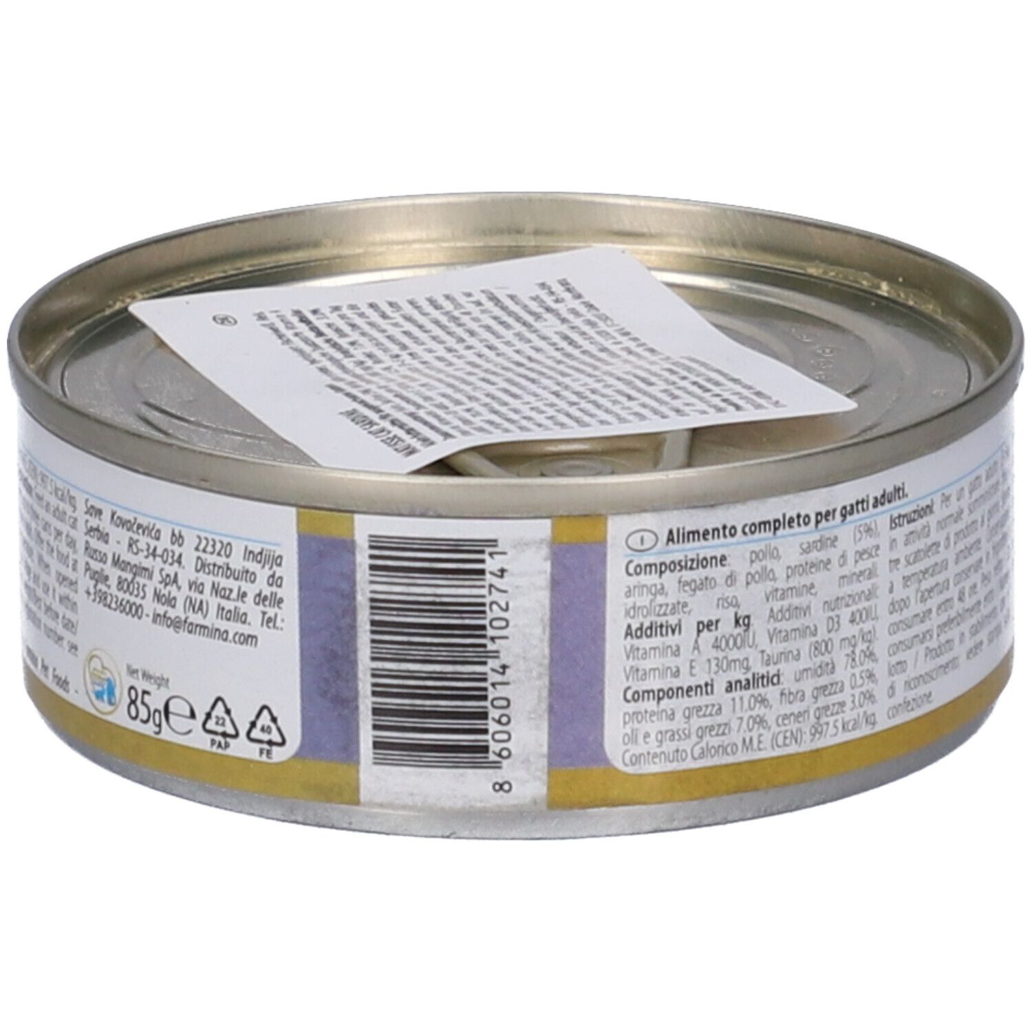 Lattina Farmina Matisse Sardine Mousse, vista laterale. Etichetta con informazioni sul prodotto e codice a barre. Lattina con coperchio.