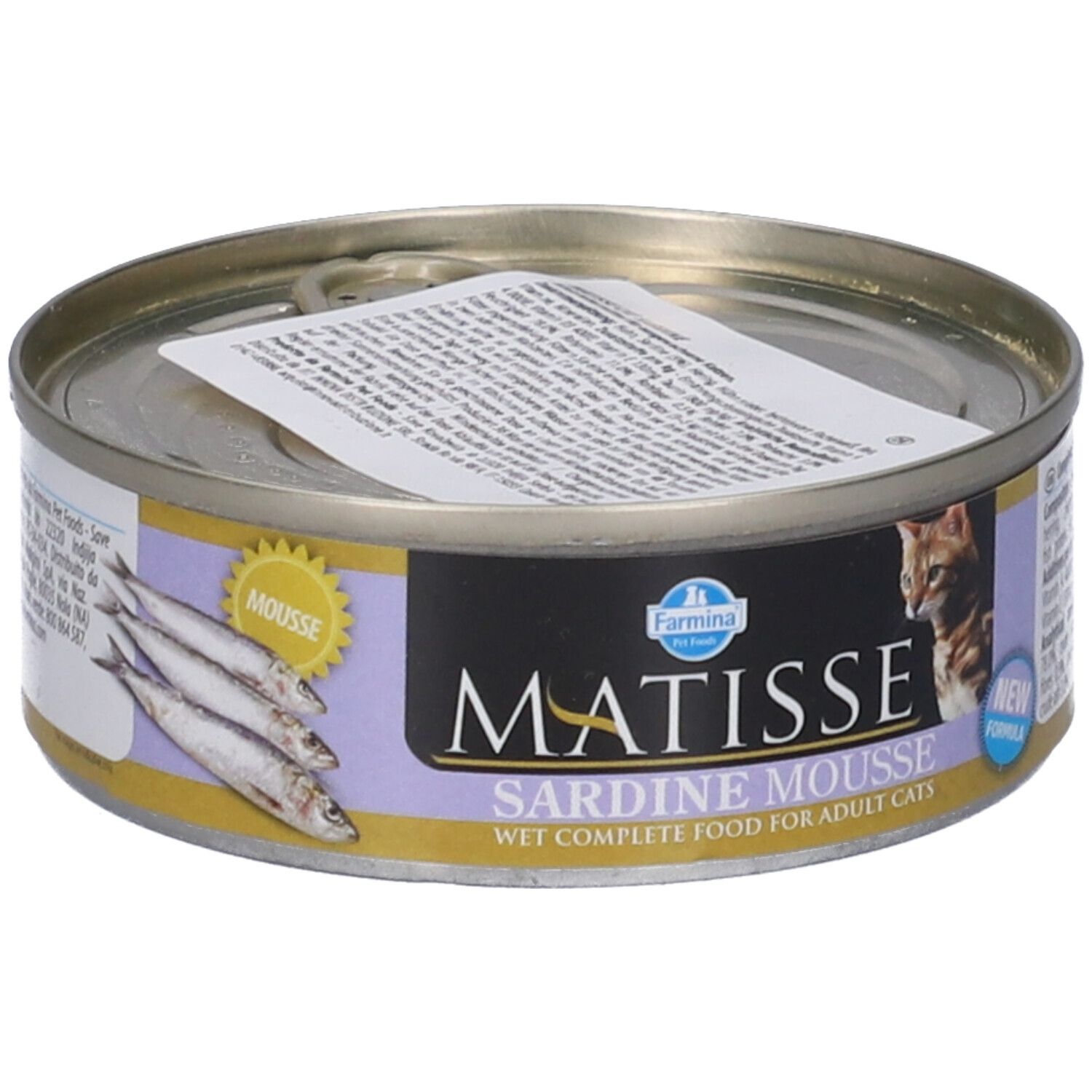Lattina Farmina Matisse Sardine Mousse. Etichetta con illustrazione di sardine, nome del prodotto e gatto. Lattina con coperchio ed etichetta.