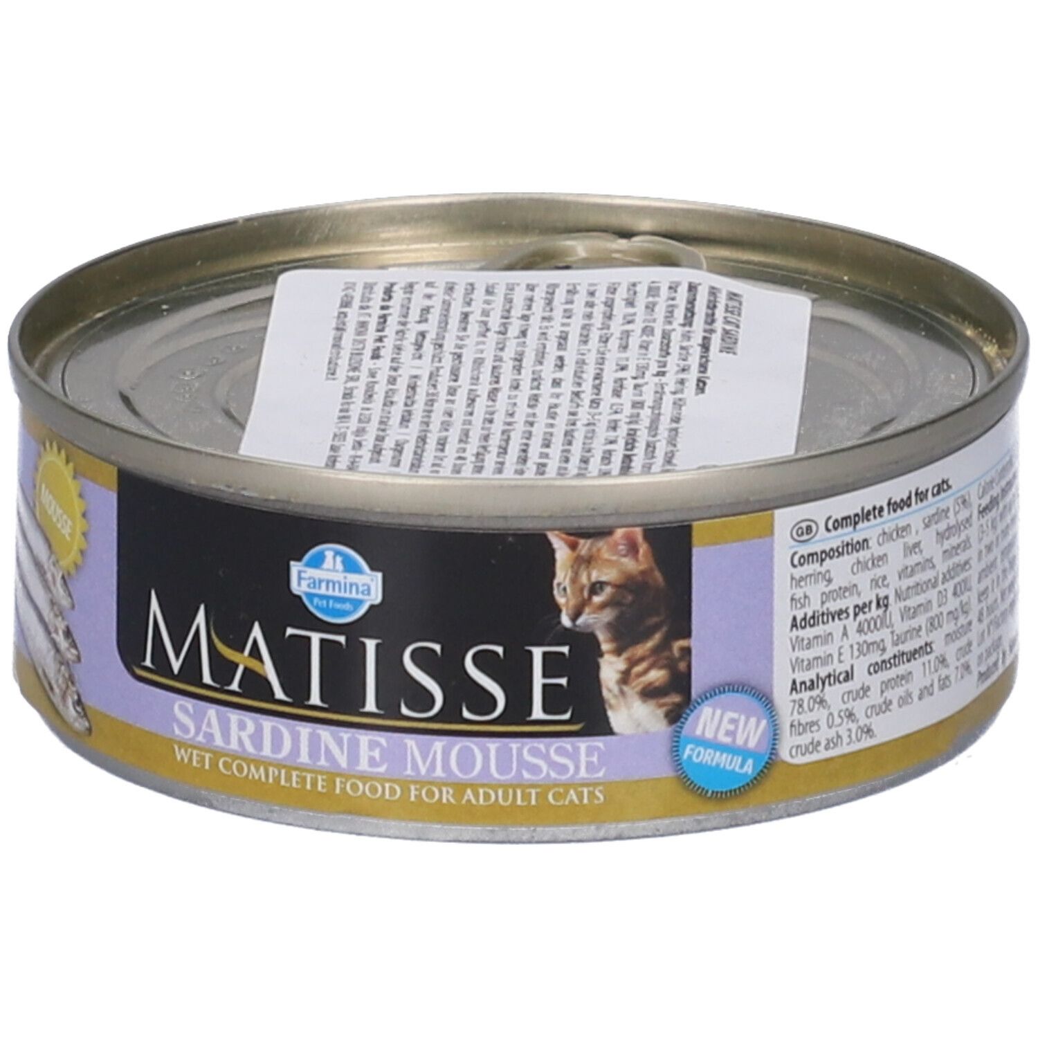 Lattina Farmina Matisse Sardine Mousse. Etichetta con nome del prodotto, gatto e 'NEW FORMULA'. Lattina con coperchio ed etichetta.
