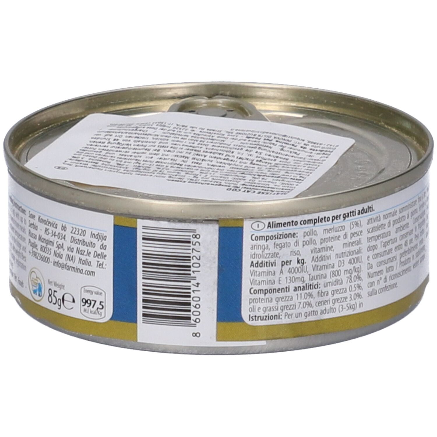 Lattina di cibo per gatti, 85g, con elenco ingredienti e informazioni nutrizionali.
