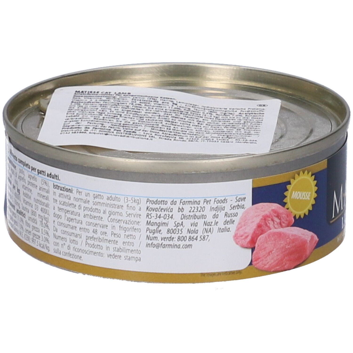 Lattina rotonda Farmina Matisse Agnello Mousse. Retro con informazioni sul prodotto. Pezzi di carne raffigurati.