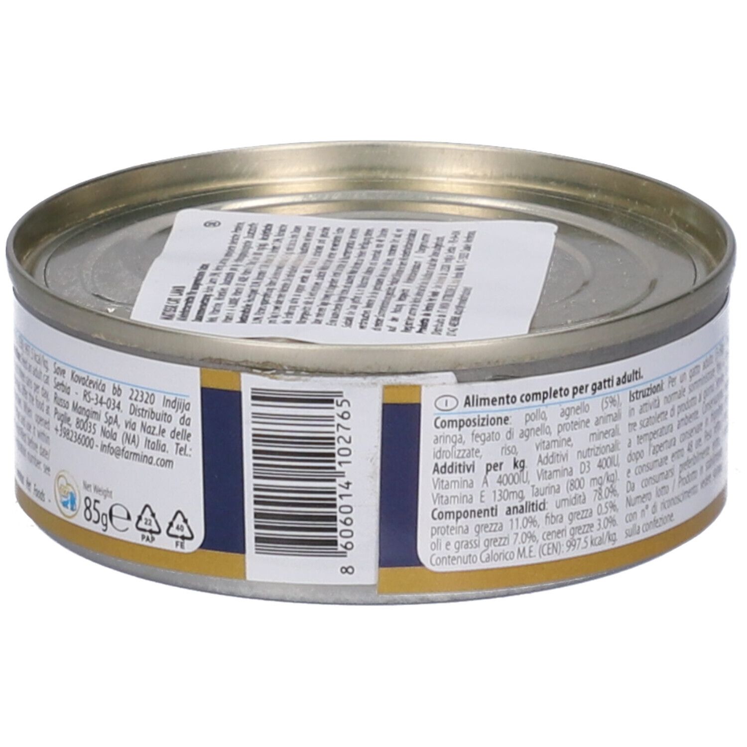 Lattina rotonda Farmina Matisse Agnello Mousse. Retro con informazioni e codice a barre. 85g.