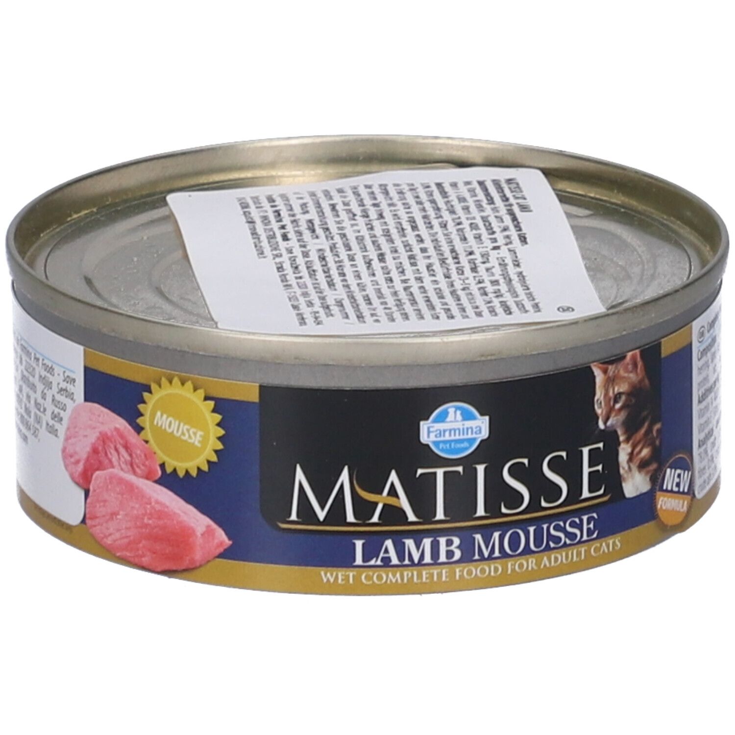 Lattina rotonda Farmina Matisse Agnello Mousse. Etichetta con informazioni. Pezzi di carne e ritratto di gatto.