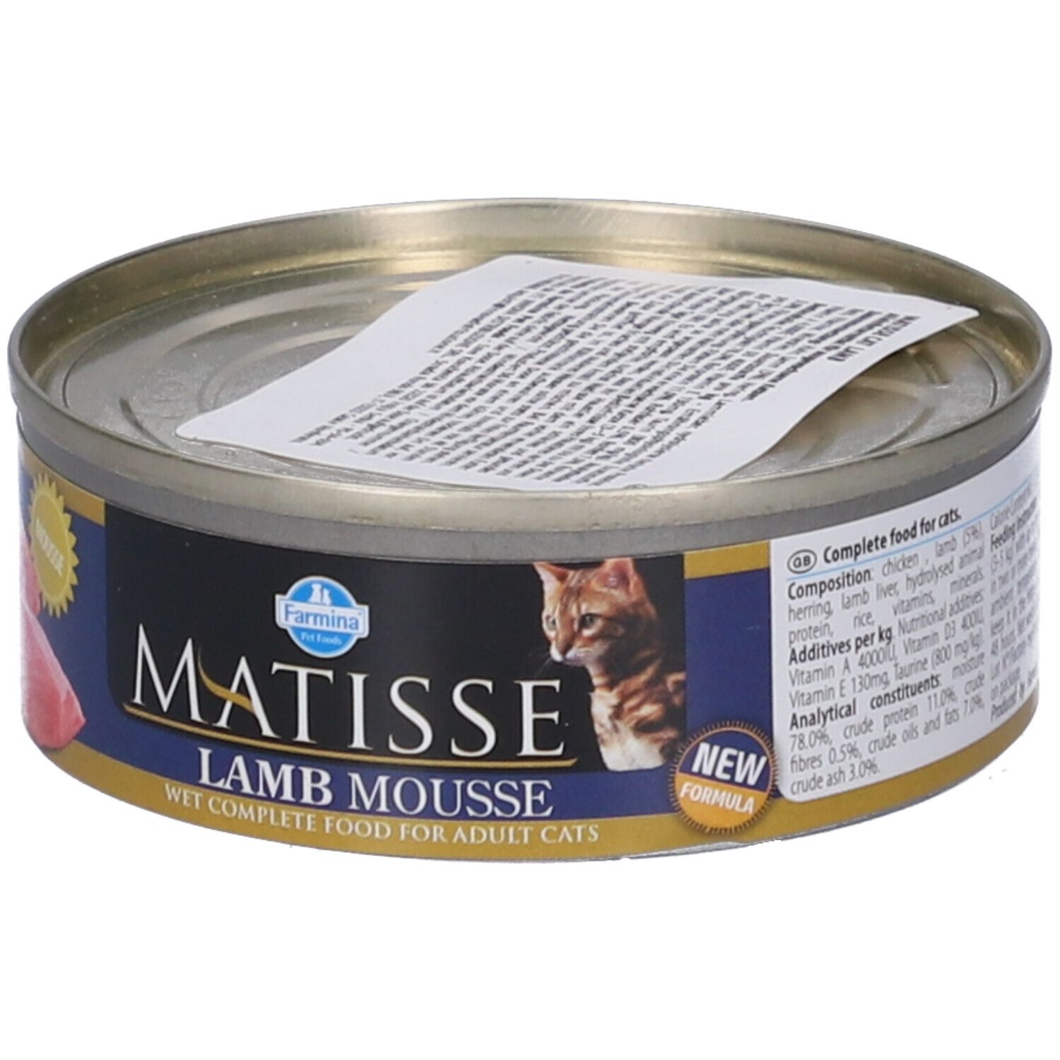 Lattina rotonda Farmina Matisse Agnello Mousse. Etichetta con informazioni e ritratto di gatto. Nuova formula.