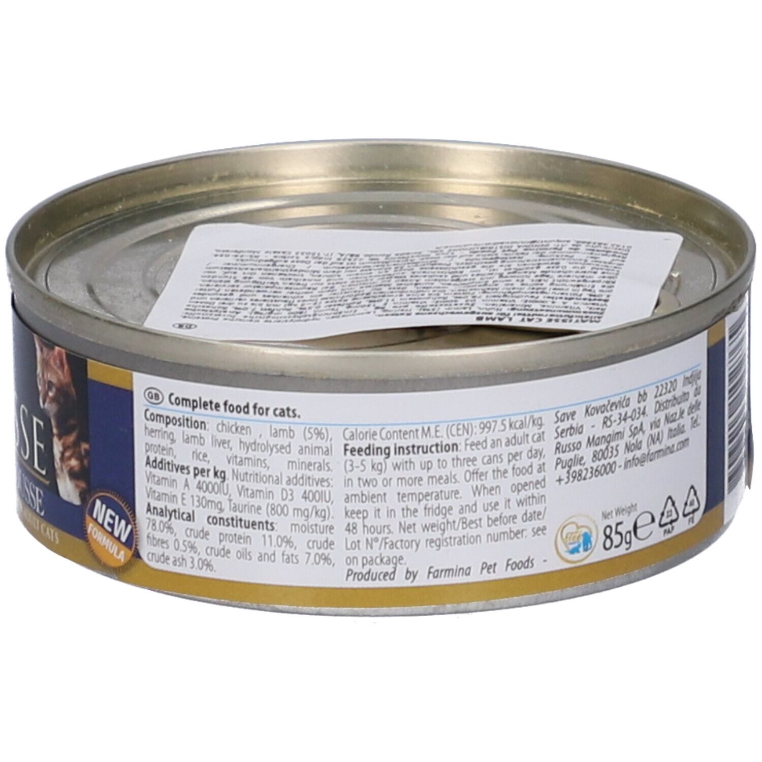 Lattina rotonda Farmina Matisse Agnello Mousse. Retro con informazioni. 85g. Nuova formula.