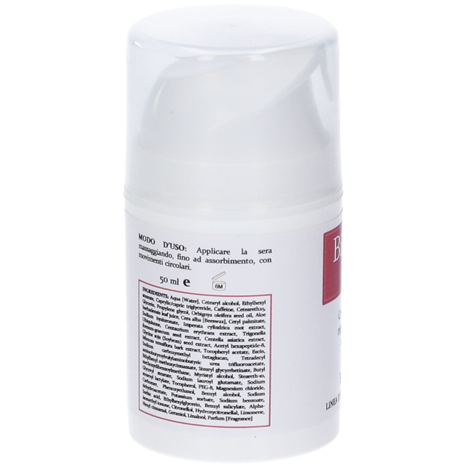 Flacone bianco con elenco ingredienti e istruzioni per l'uso. Scritta: 50 ml.