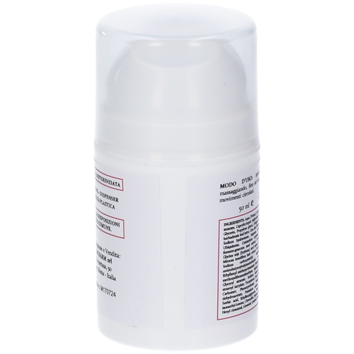 Flacone bianco con elenco ingredienti e istruzioni per l'uso. Scritta: 50 ml.