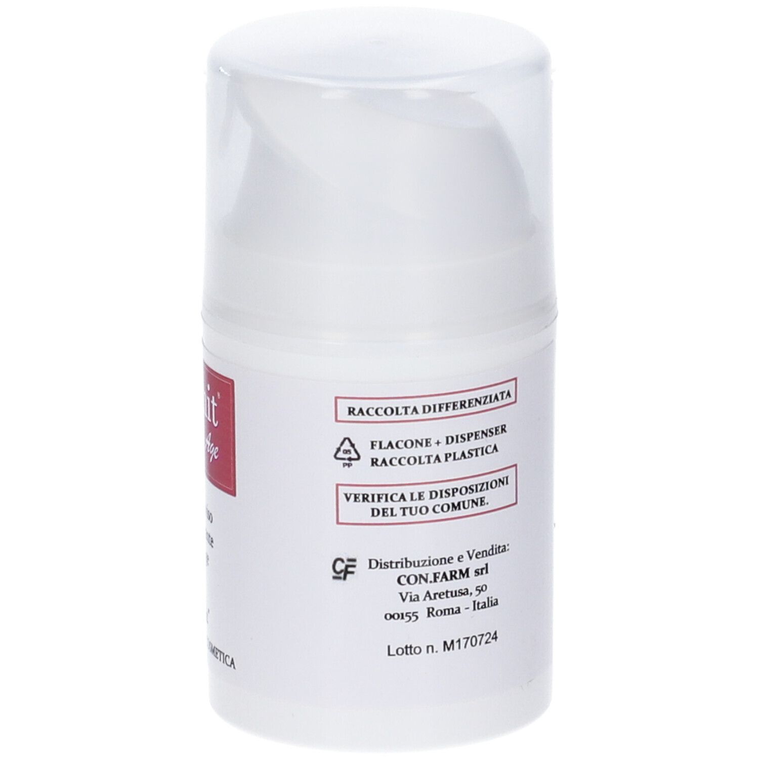 Flacone bianco con istruzioni per il riciclo. Scritta: Raccolta differenziata, CON.FARM srl.