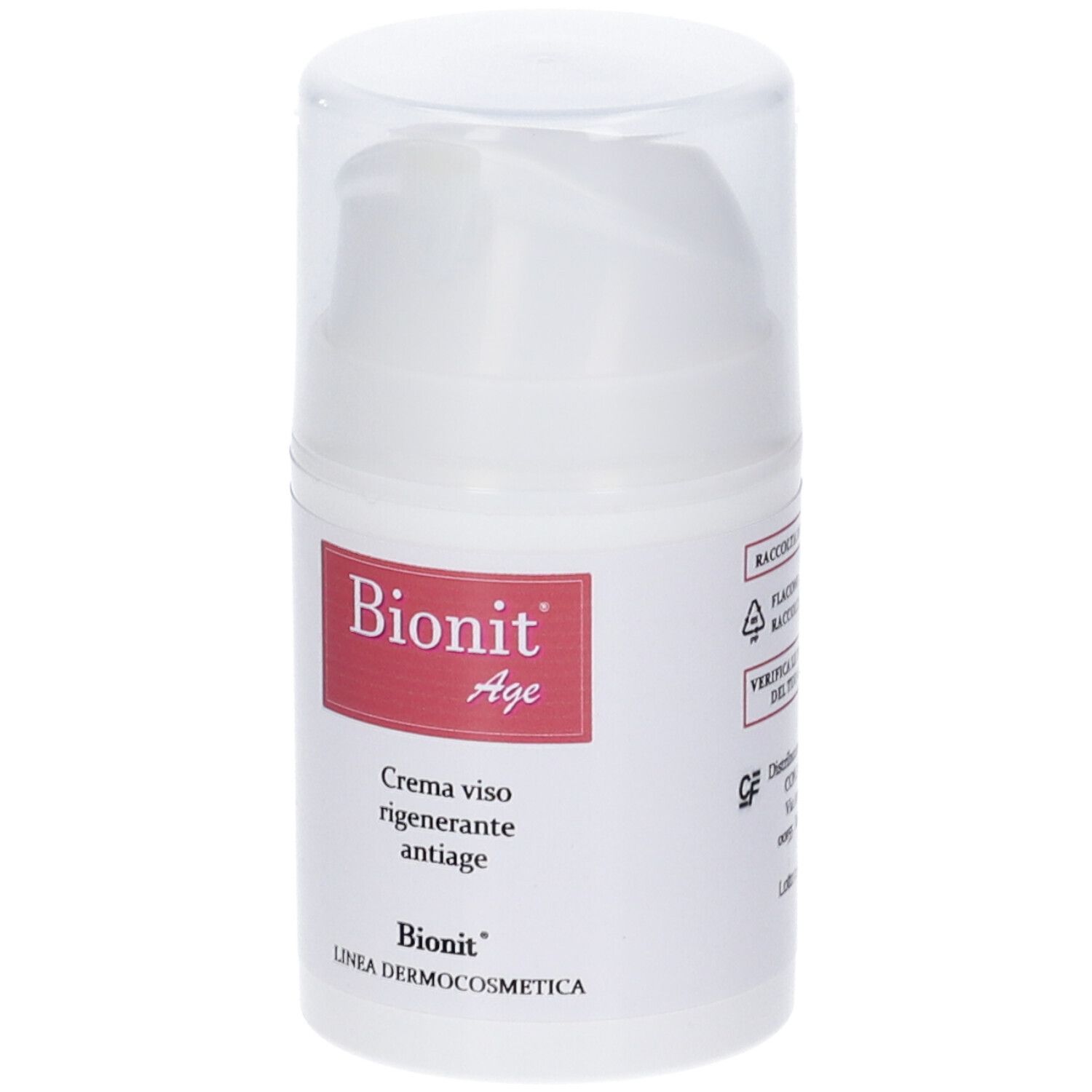 Flacone bianco con etichetta rossa. Scritta: Bionit Age, Crema viso rigenerante antiage.