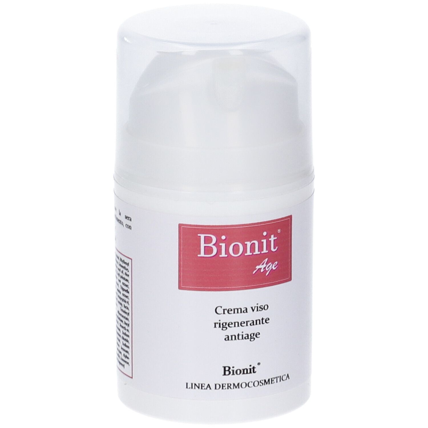 Flacone bianco con etichetta rossa. Scritta: Bionit Age, Crema viso rigenerante antiage.
