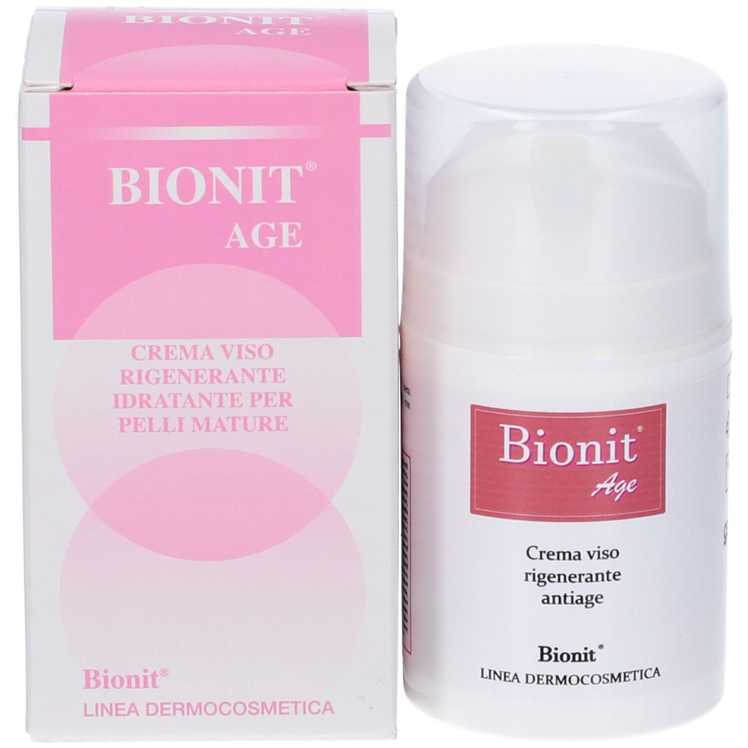 Prodotto e confezione. Flacone bianco con etichetta rossa. Scritta: Bionit Age. Confezione rosa.