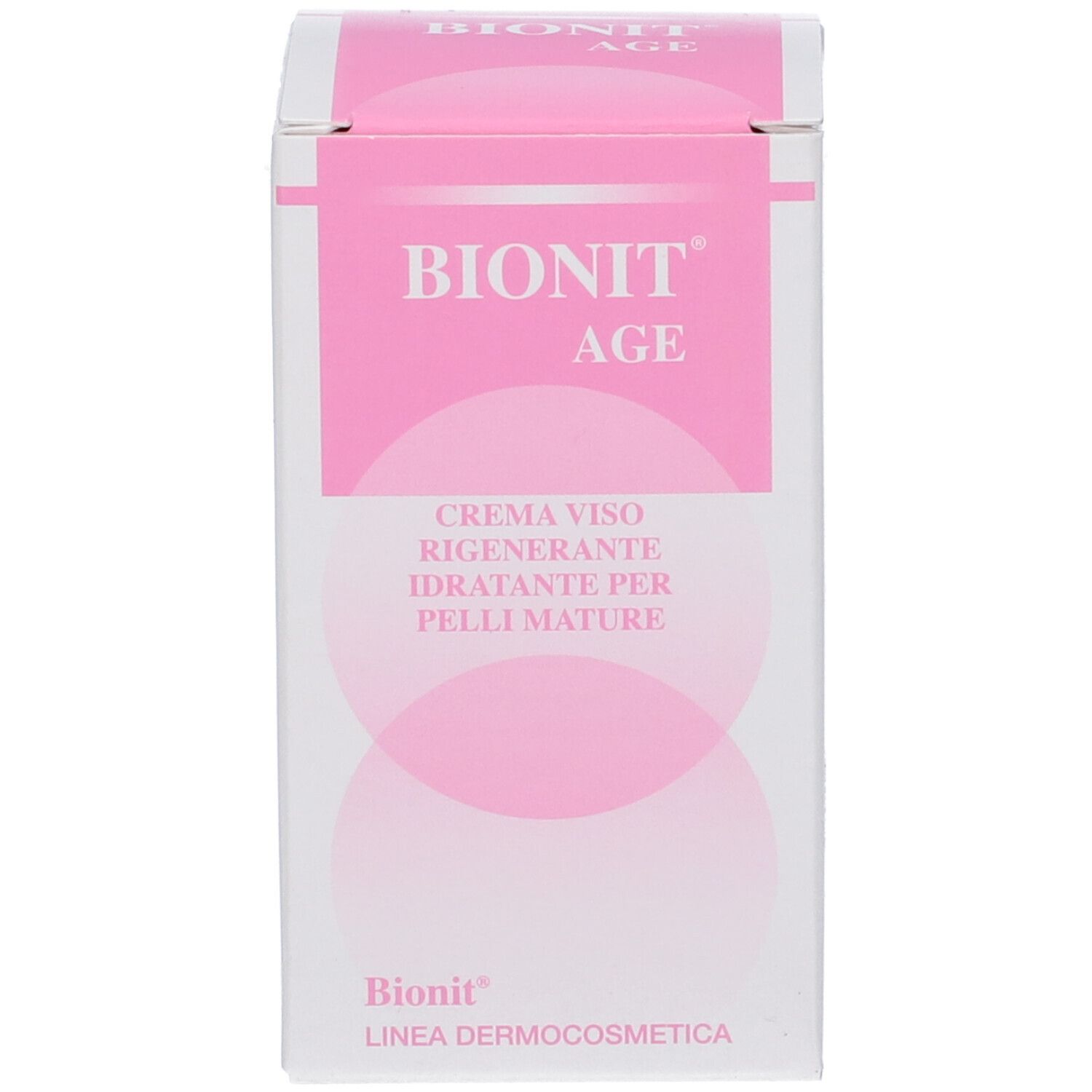 Confezione rosa con informazioni sul prodotto. Scritta: Bionit Age, Crema viso rigenerante.