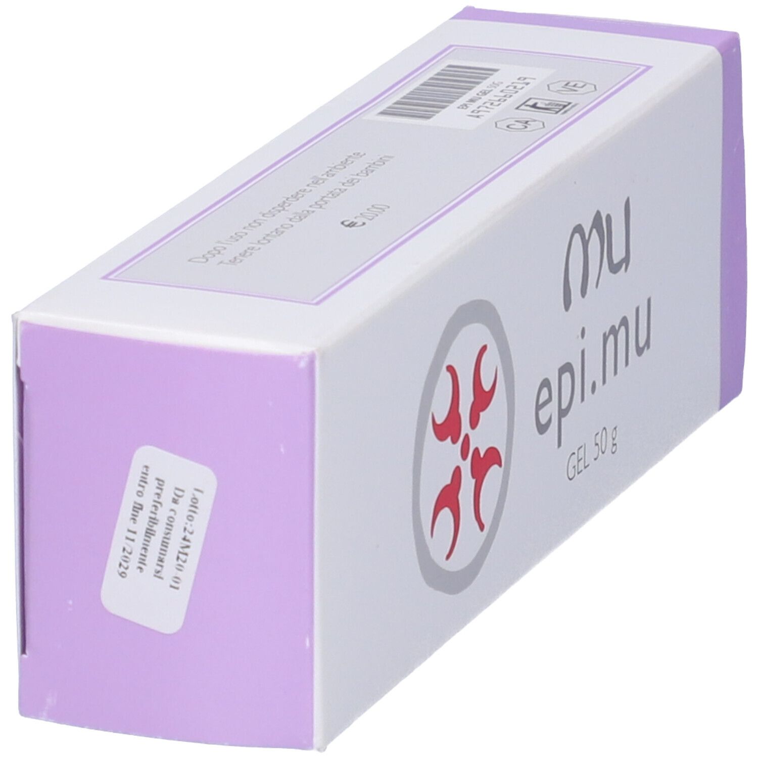 Scatola bianca con dettagli viola. Scritta: mu epi.mu GEL 50 g. Logo rosso. Vista angolata.
