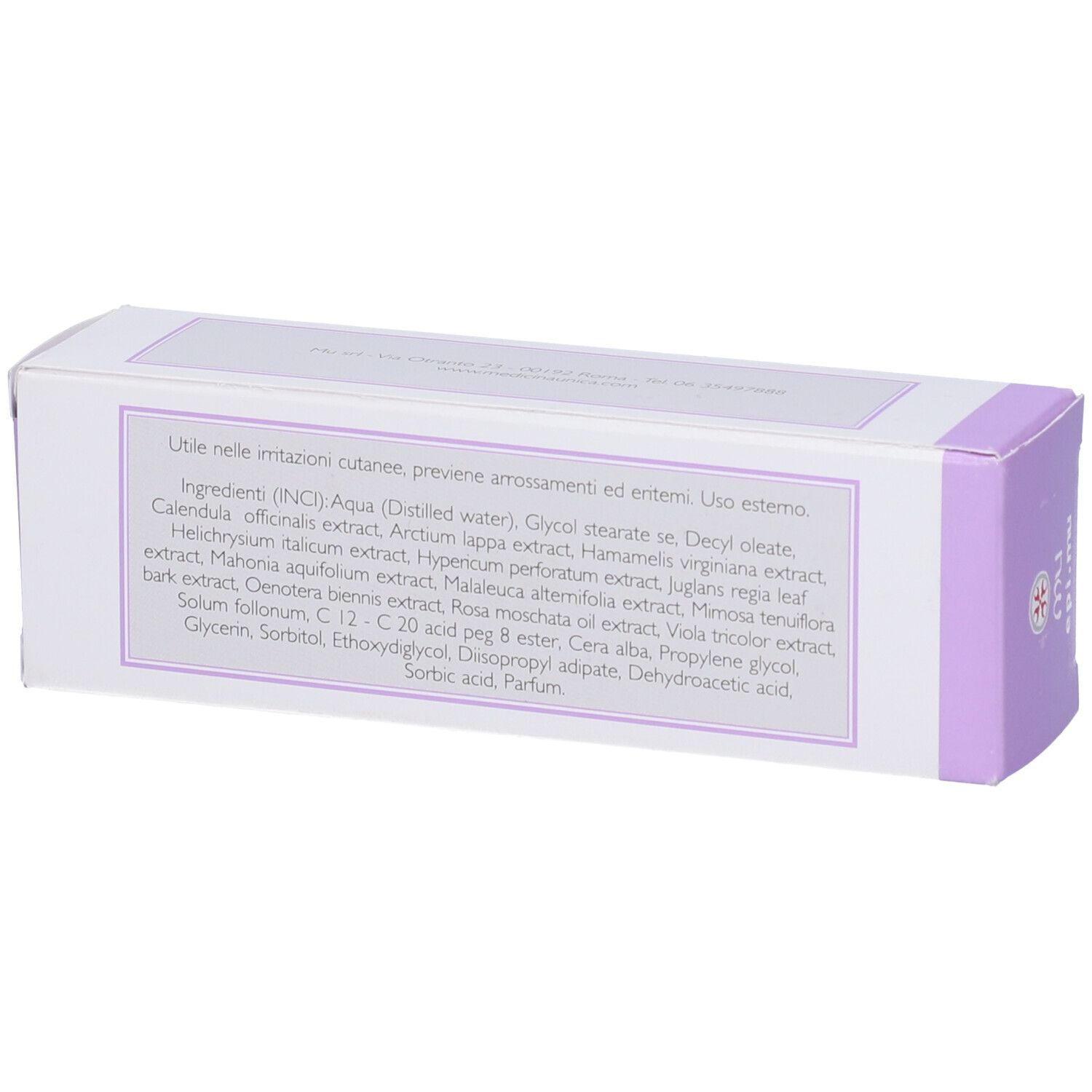 Scatola bianca con dettagli viola. Testo: ingredienti, istruzioni per l'uso. Vista posteriore.