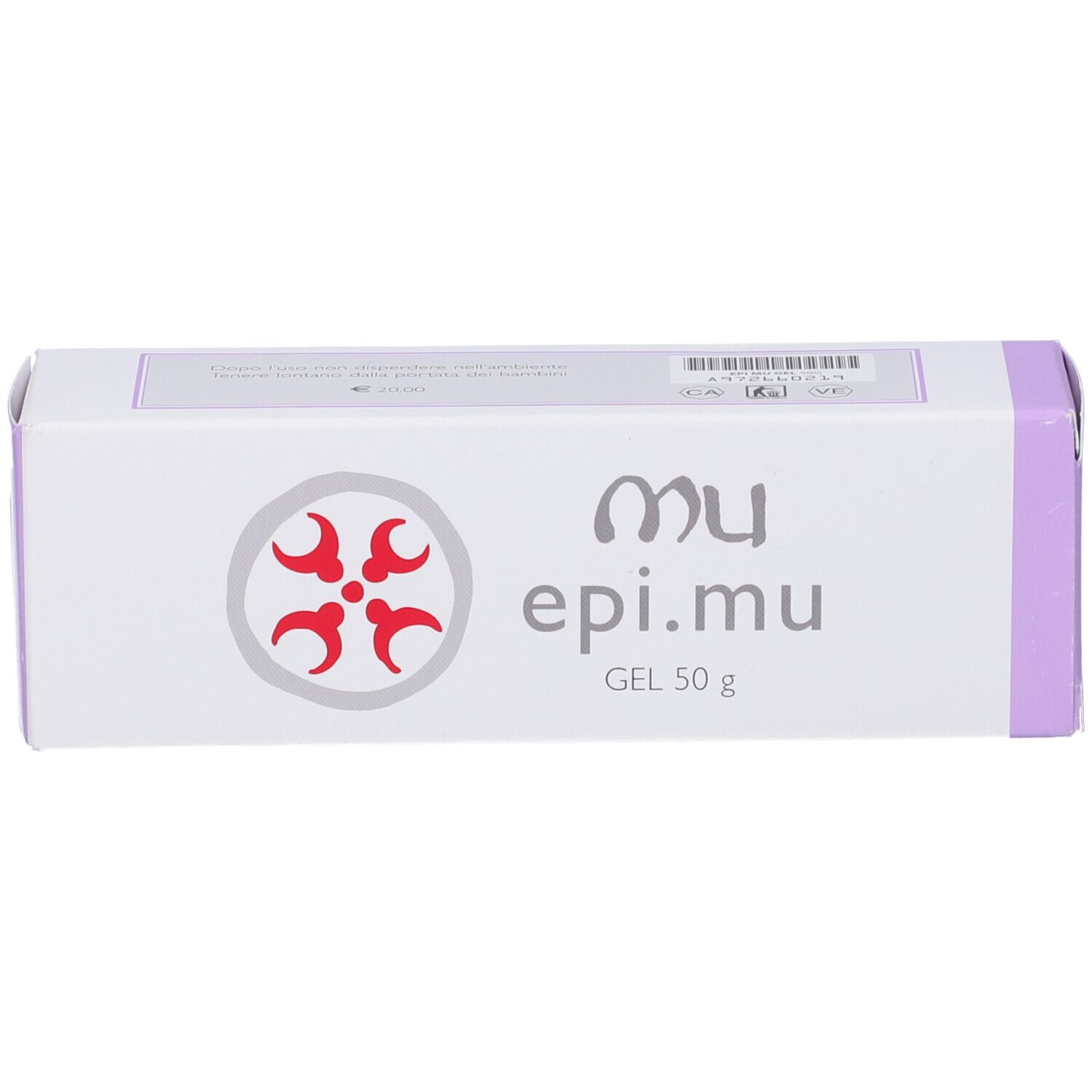 Scatola bianca con dettagli viola. Scritta: mu epi.mu GEL 50 g. Logo rosso.