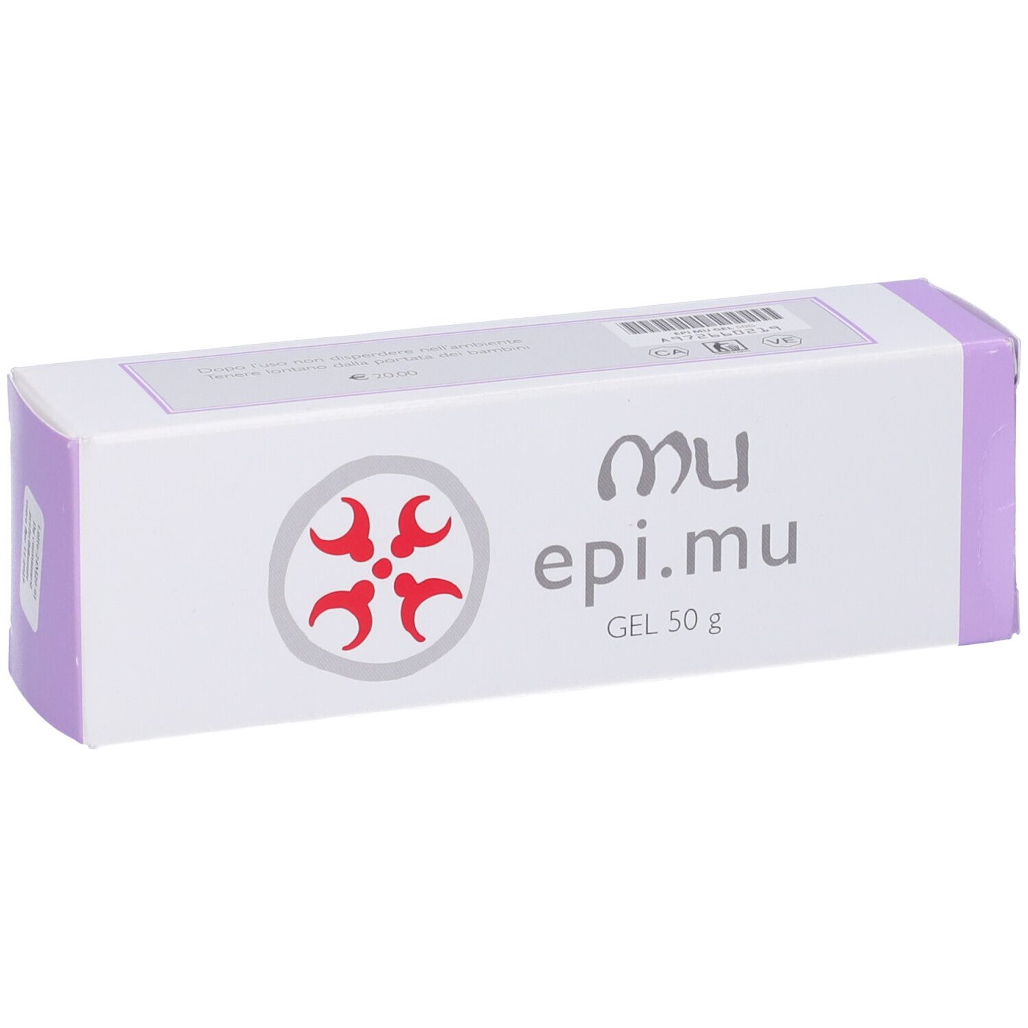 Scatola bianca con dettagli viola. Scritta: mu epi.mu GEL 50 g. Logo rosso.