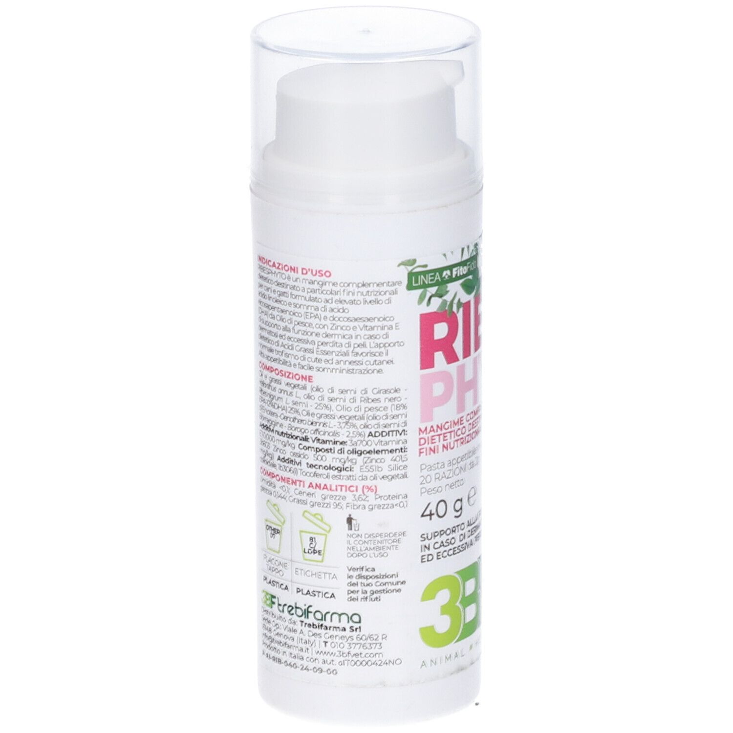 Flacone bianco con testo. Scritta Ribesphyto, 40g. Per cani e gatti. Logo 3BF Animal Health. Informazioni sulla composizione.