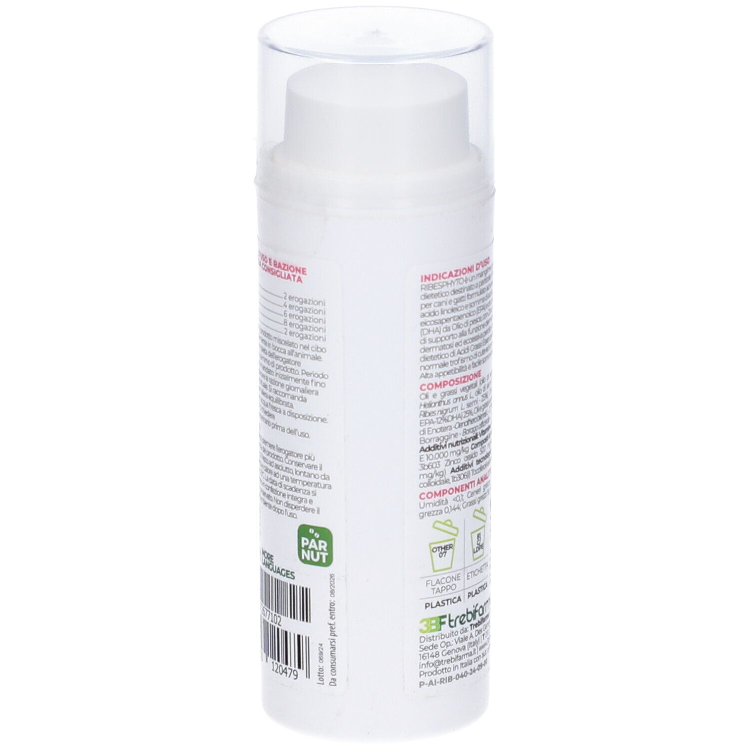 Flacone bianco con testo. Informazioni sulla composizione e istruzioni per lo smaltimento. Simbolo di riciclaggio.