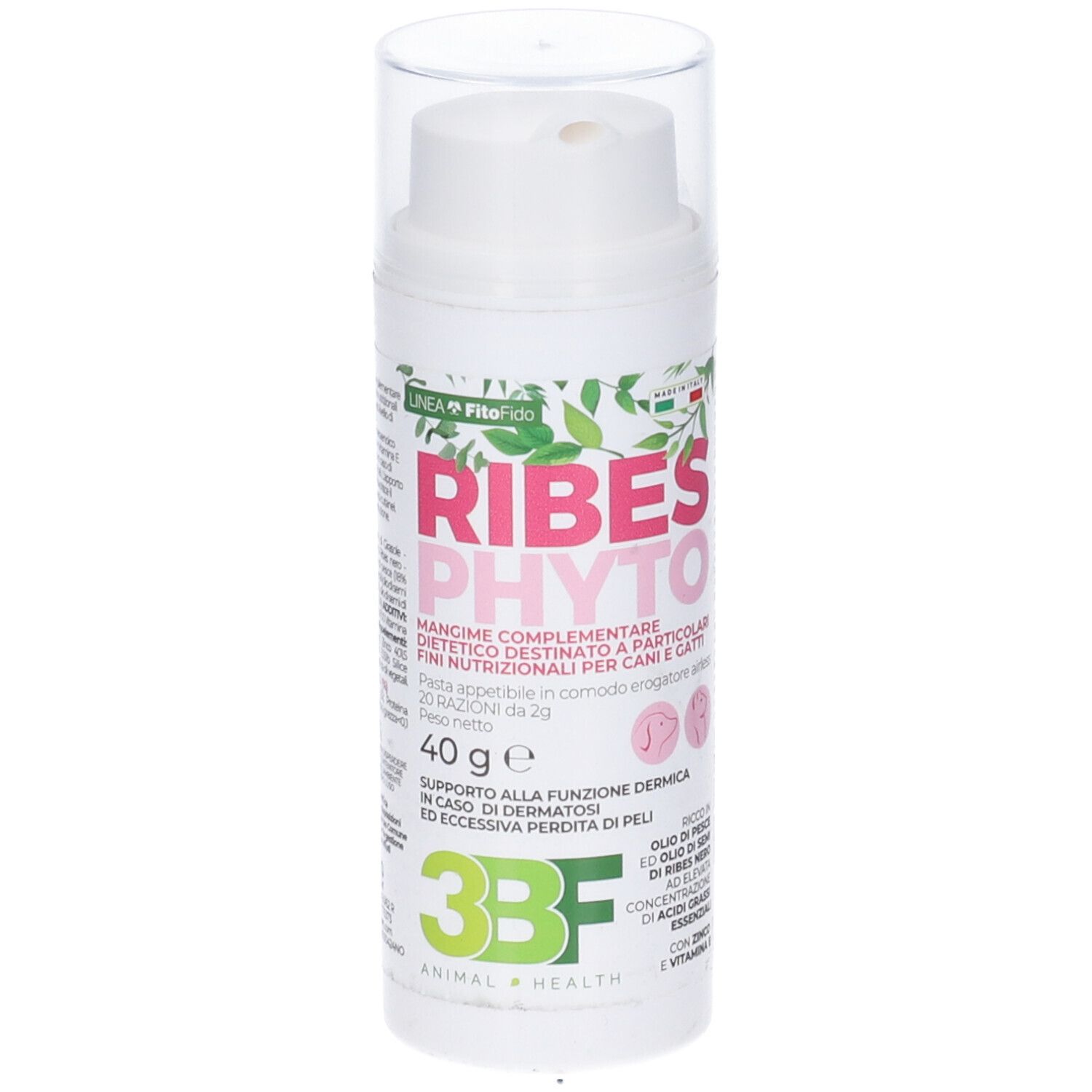Flacone airless bianco con tappo trasparente. Scritta Ribesphyto, 40g. Per cani e gatti. Logo 3BF Animal Health.