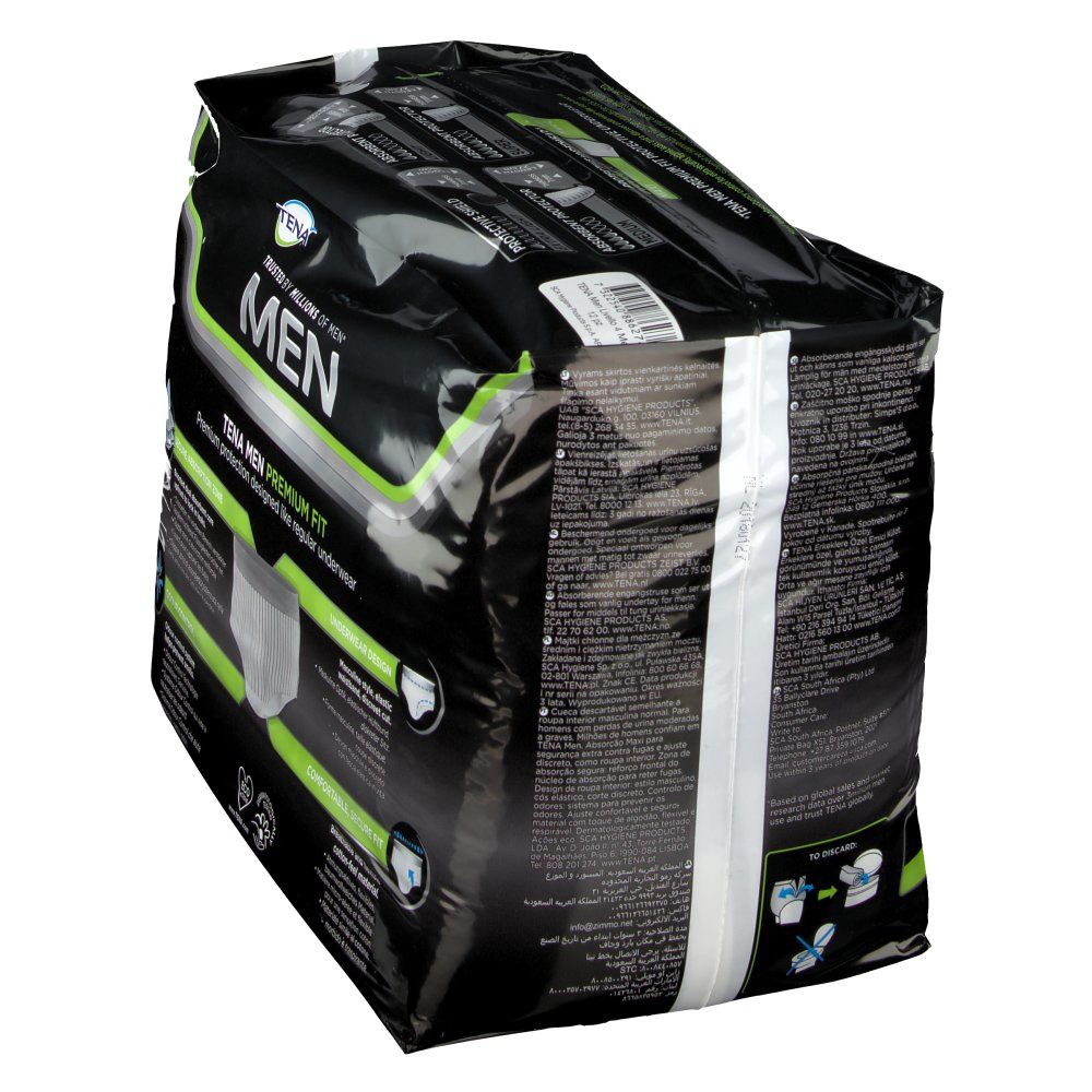 Confezione TENA MEN. Confezione nera con informazioni sul prodotto. Vista laterale con testo e logo.