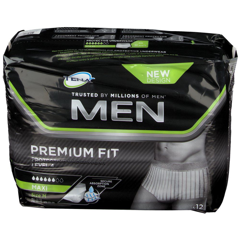 Confezione TENA MEN Premium Fit Level 4 Maxi. Confezione nera con immagine del prodotto. Taglia M, 12 pezzi.