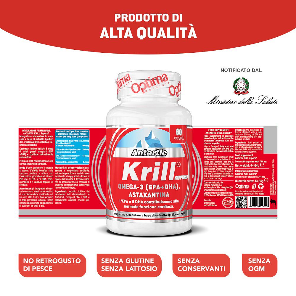 Retro del flacone Antartic Krill SUPERB con informazioni su ingredienti e sigilli di qualità.