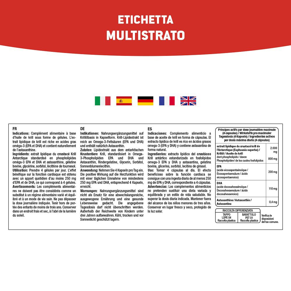 Etichetta con informazioni multilingue su Antartic Krill SUPERB, inclusi ingredienti e dosaggio.