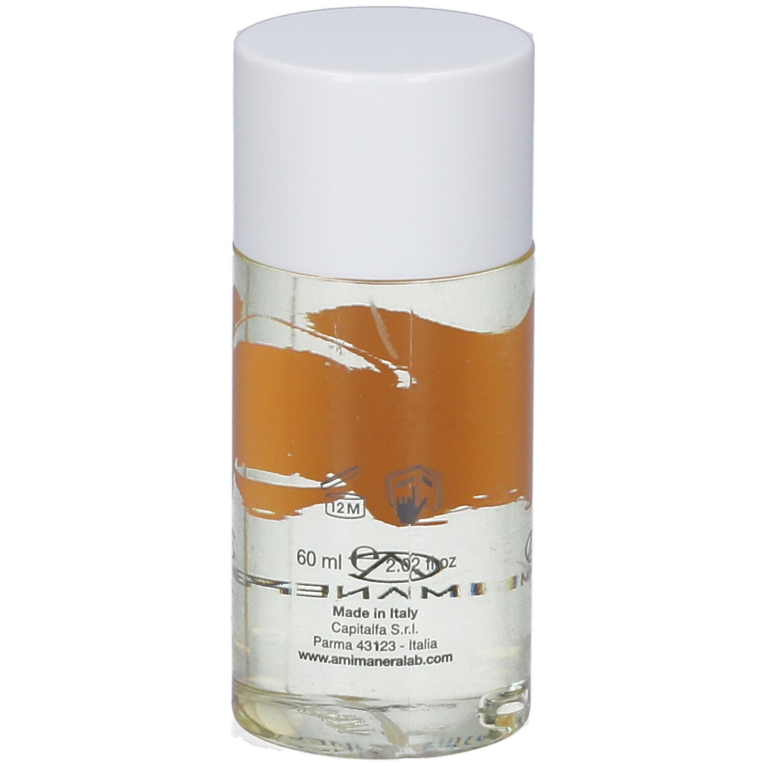 Flacone cilindrico con tappo bianco, riempito di liquido trasparente. Scritta: 60 ml, DOMINOIL, AMIMANERA.